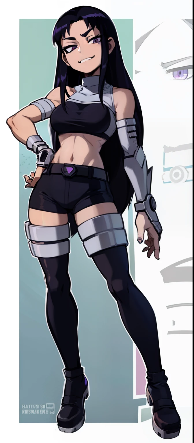 My Hero Academia style, anime Girl, female, trending on artstation pixiv, (full body shot:1.5), Blackfire, Titans, wide hips, wide thighs, medium breast, Very long hair, black hair, straight hair, violet eyes, black underboob tube top, black tube top, underboob tube top, black underboob top, black top, tube top, underboob top, exposed abdomen, exposed navel, bare shoulders, black baggy backless pants, black backless pants, baggy backless pants, black baggy pants, black pants, baggy pants, backless pants, Black chaps, chaps, Black bikini bottom only, Black bikini bottom, Black bikini, bikini bottom, bikini bottom only, buttom only, Black ankle boots with toe, black ankle boots, ankle boots with toe, Perfect Anatomy, Super Detailed, perfect hands, hands on hips, joyful gaze, smug, Looking at viewer,