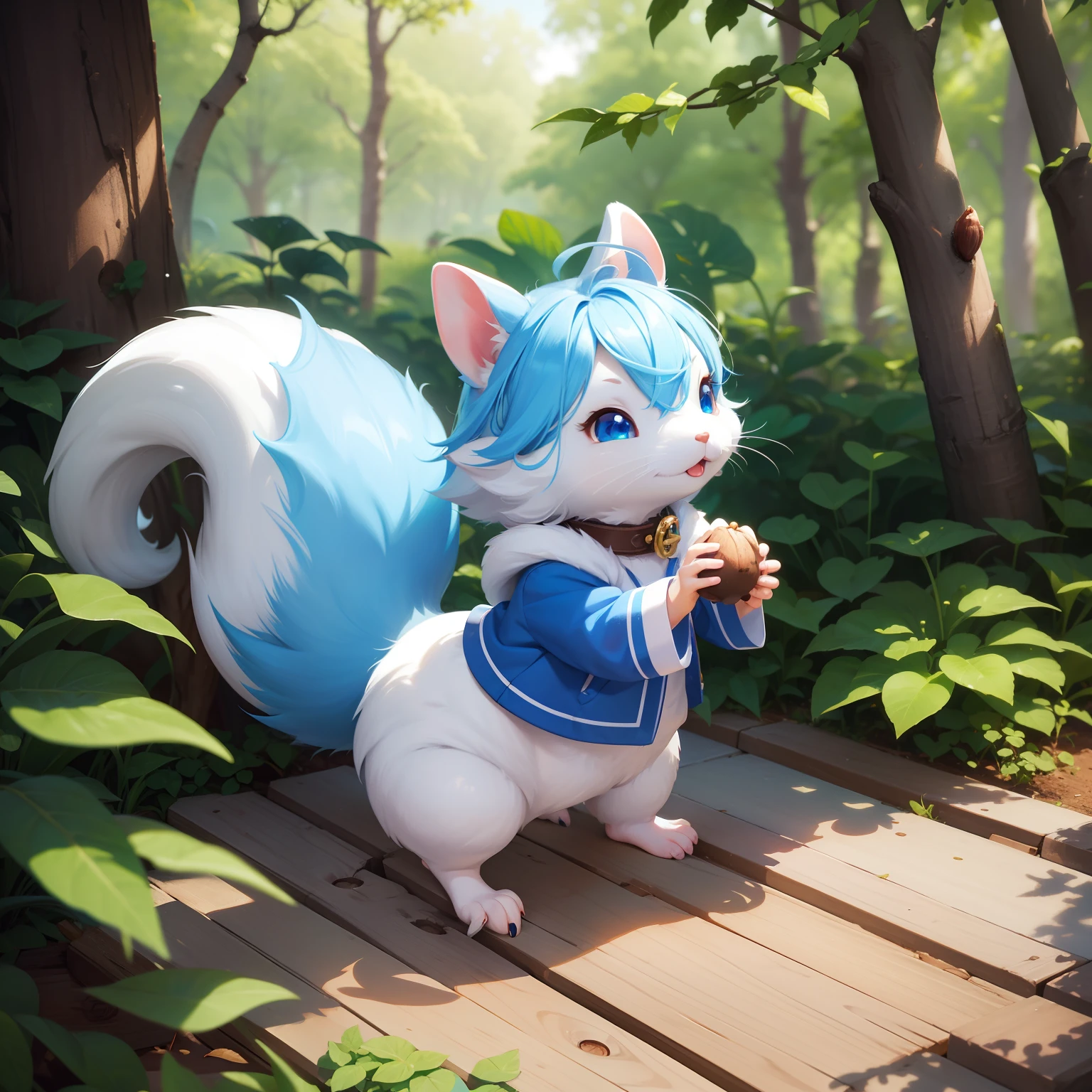 There is a small white squirrel with an acorn in his hand, There are also cubs。There are also fawns。Chibichara A cute girl with blue hair is also with me。It is a cute white and blue costume。Dark eyes。cute forest creature, Adorable Digital Painting, cute detailed digital art, the squirrel king, Cute digital art, cute cartoon characters, cute character, CuteCreatures, Cutie, official illustrations, Official art, squirrel, maplestory mouse, astri lohne, cute 3d render