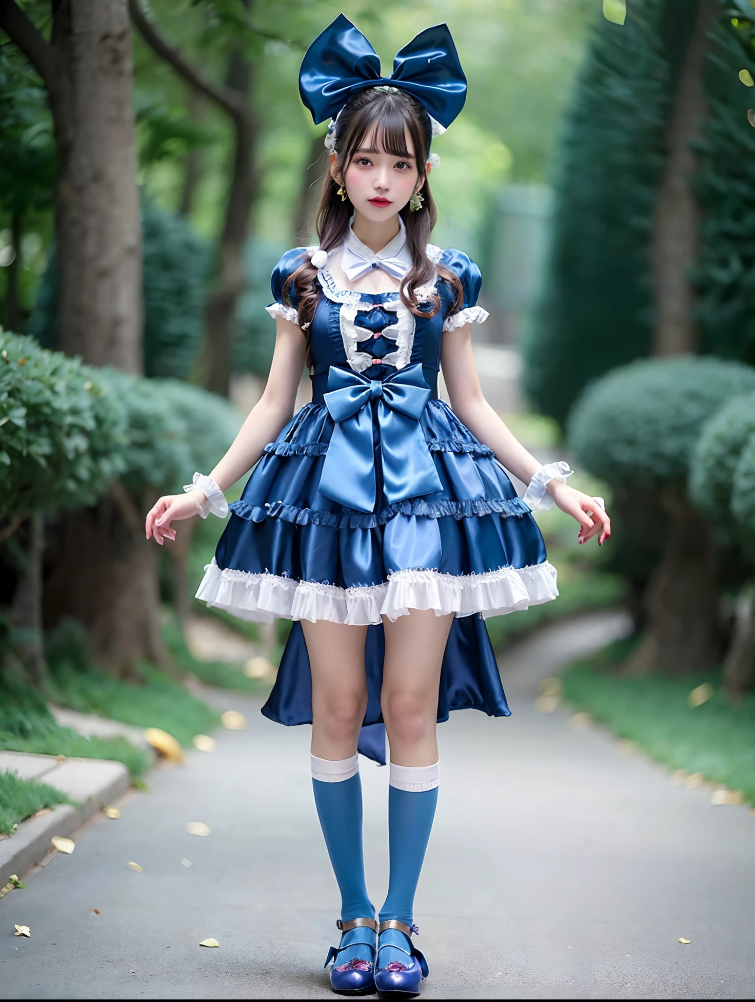Arafe girl in blue satin dress and bow tie, rococo ruffles dress, angelic pretty, frilly outfit, rococo dress, high quality costume, ta style, style of magical girl, Loliashion, fantasy outfit, Belle Delphine, fantasy dress, Blue Accent Costume, Light blue color, Ice Blue Dress, maid dress, loli in s