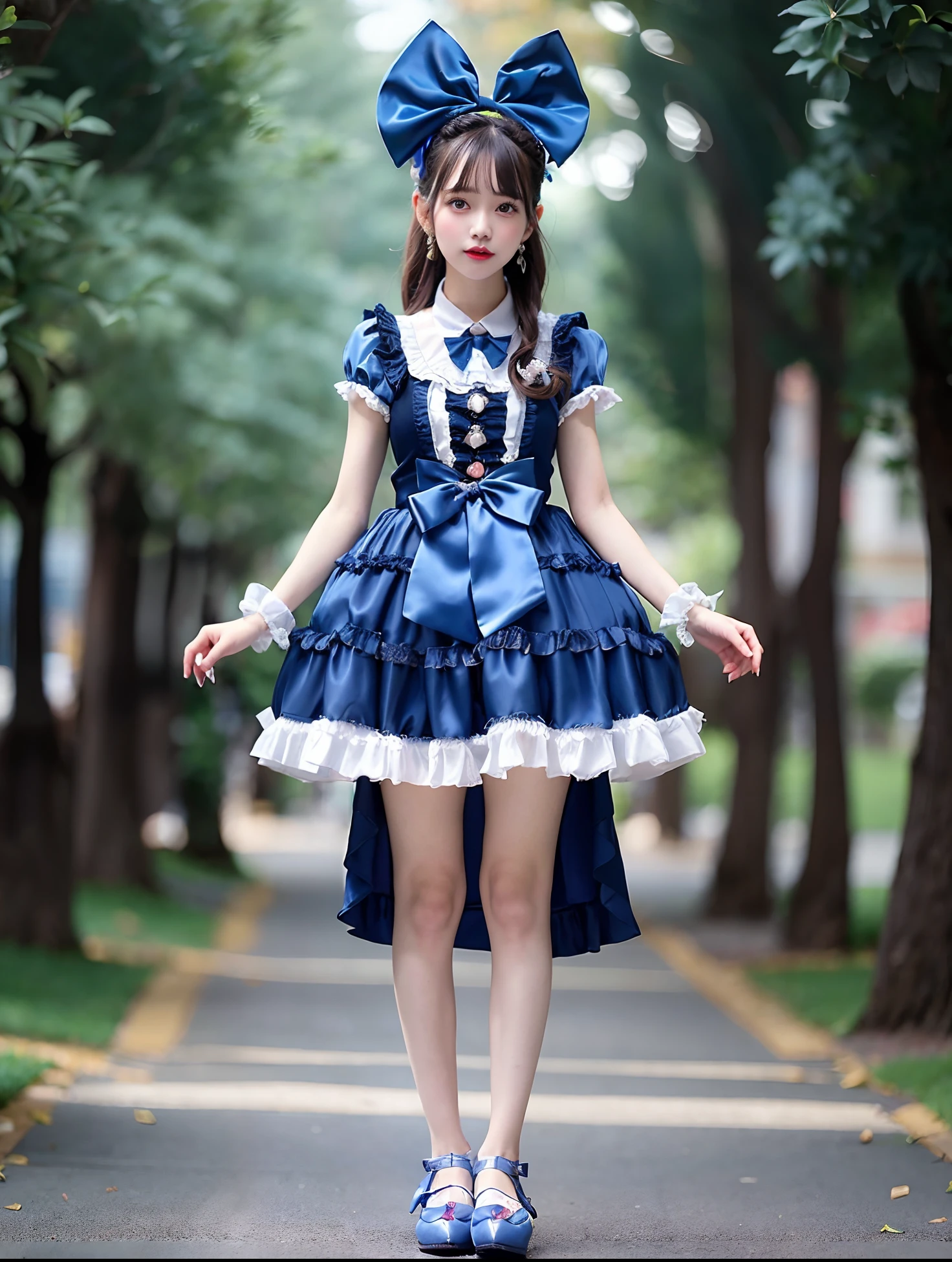 Arafe girl in blue satin dress and bow tie, rococo ruffles dress, angelic pretty, frilly outfit, rococo dress, high quality costume, Lolita style, style of magical girl, Lolita Fashion, fantasy outfit, Belle Delphine, fantasy dress, Blue Accent Costume, Light blue color, Ice Blue Dress, maid dress, loli in dress