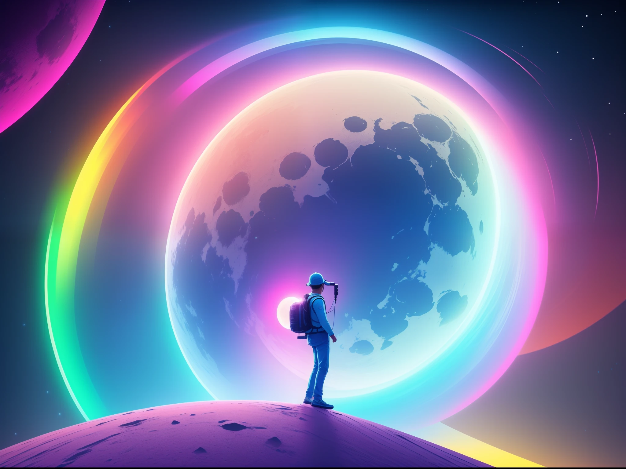um homem parado em uma colina olhando para a lua no ceu, Artgem e Beeple Masterpiece, cores neon, Arte bonita UHD 4K, arstation e bipe altamente, em estilo de bipe, Artem Demura Beeple, arte do bipe, Obra-prima Beeple, 4K HD papel de parede ilustrativo, vivo