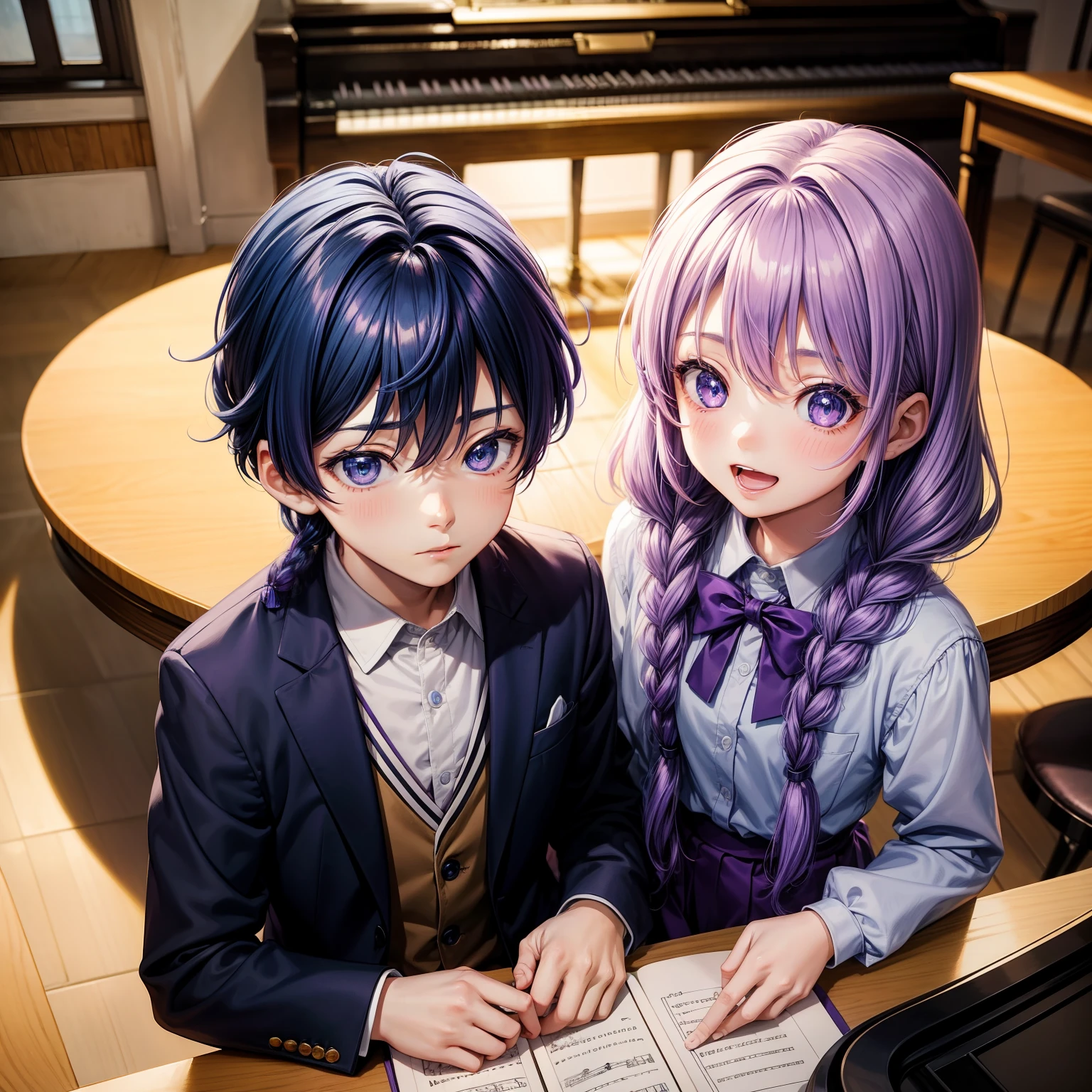 Anime drawing style, two children at the age of seven, a boy and a girl, the girl has purple hair with two braids and sparkling purple eyes, and the boy has blue hair and bright blue eyes, wearing school uniforms, the scene from above embodies them happy and happy and they are next to each other in front of a piano and they try to play it