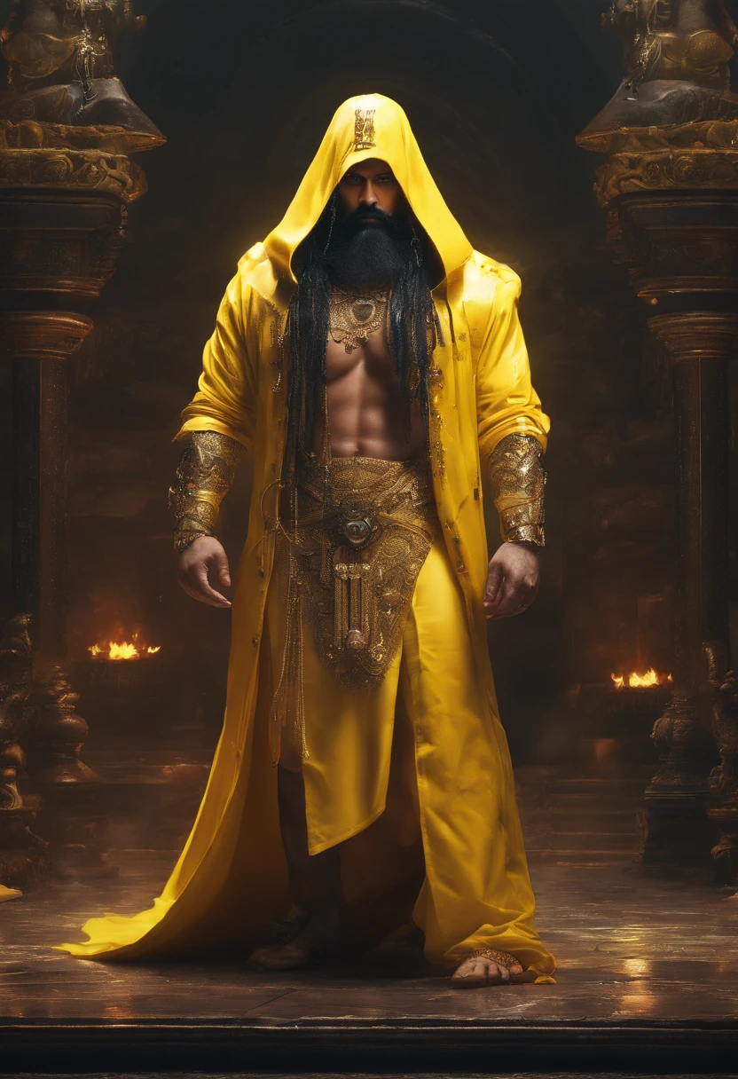 An Indian king, with a green turban on head, big blue jewel on the turban, big mustache, big white beard, fat big body, yellow dress, wearing a lot of gold ornaments, 2 ladies in the back, white marble on the floor (Professional 3D rendering:1.3) by (Realistic:1.3) World's most beautiful art picture, Features soft, dark complexation male heroes, ((Epic hero fantasy rough muscular fat man wet hero angry look long hair long beard and fierce expression in dynamic pose, wearing a yellow robe, inside a big kingdom, burning fire in the background, majestic environment)), full body 8k unit render, action shot, skin pores, very dark lighting, heavy shading, detailed, Detailed face, (vibrant, photorealistic, Realistic , Dramatic, Dark, sharp focus, 8k), (yellow cloths with heavy jewelry r:1.4), (intricate:1.4), decayed, (highly detailed:1.4), painting digital, rendering by octane, art stations, Concept-Art, smooth, sharp focus, illustration, germ of art, (Loish:0.23), Wlop Ilya Kuvshinov, and Greg Rutkowski and Alphonse Mucha Gracias, (global illumination, studiolight, Light Volumetric ), heavy rain, floating particles, scoundrel, fantasy, Eleven, full bodyesbian, ((Dark old city background:1.3)),CGSesociedade,art stations
