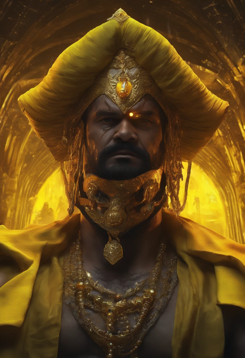 An Indian king, with a green turban on head, big blue jewel on the turban, big mustache, big white beard, fat big body, yellow dress, wearing a lot of gold ornaments, 2 ladies in the back, white marble on the floor (Professional 3D rendering:1.3) by (Realistic:1.3) World's most beautiful art picture, Features soft, dark complexation male heroes, ((Epic hero fantasy rough muscular fat man wet hero angry look long hair long beard and fierce expression in dynamic pose, wearing a yellow robe, inside a big kingdom, burning fire in the background, majestic environment)), full body 8k unit render, action shot, skin pores, very dark lighting, heavy shading, detailed, Detailed face, (vibrant, photorealistic, Realistic , Dramatic, Dark, sharp focus, 8k), (yellow cloths with heavy jewelry r:1.4), (intricate:1.4), decayed, (highly detailed:1.4), painting digital, rendering by octane, art stations, Concept-Art, smooth, sharp focus, illustration, germ of art, (Loish:0.23), Wlop Ilya Kuvshinov, and Greg Rutkowski and Alphonse Mucha Gracias, (global illumination, studiolight, Light Volumetric ), heavy rain, floating particles, scoundrel, fantasy, Eleven, full bodyesbian, ((Dark old city background:1.3)),CGSesociedade,art stations