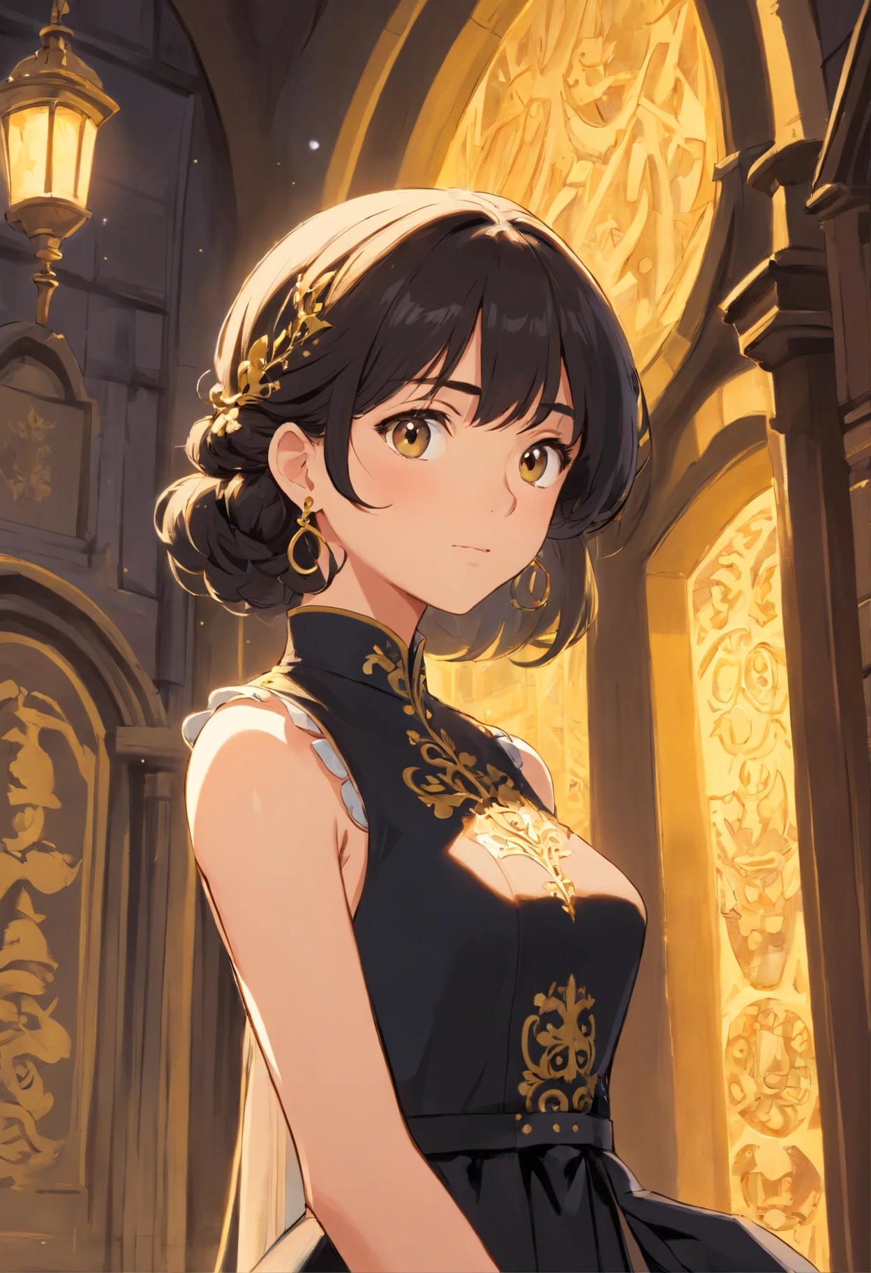 A 24-year-old girl, cabello blanco y un vestido negro, con escote y encaje, aretes de oro grandes, con un rostro serio, en un castillo.
