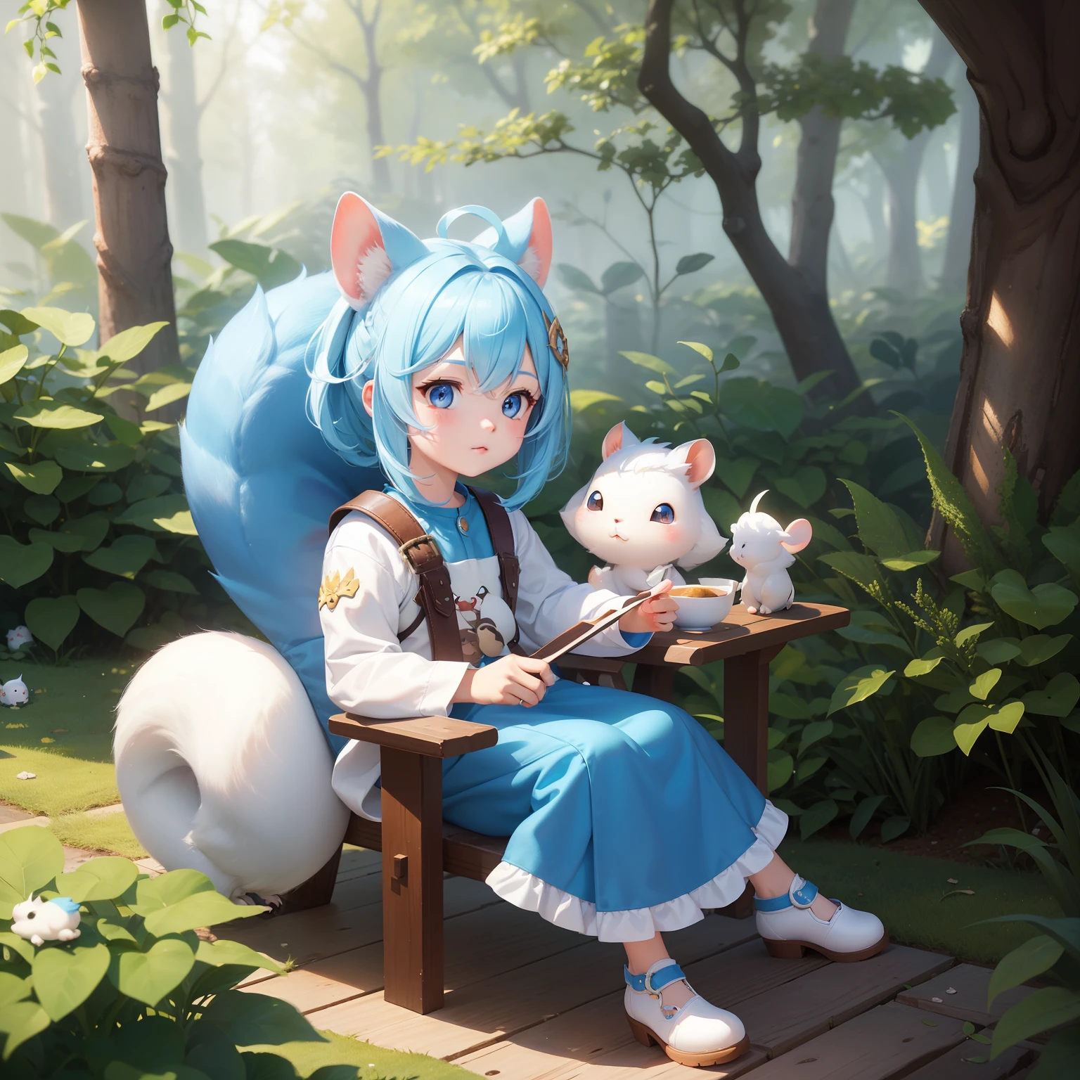 There is a small white squirrel with an acorn in his hand, Chibichara A cute girl with blue hair is also with me。It is a cute costume in white and blue。Dark eyes。cute forest creature, Adorable Digital Painting, cute detailed digital art, the squirrel king, Cute digital art, cute cartoon characters, cute character, CuteCreatures, Cutie, official illustrations, Official art, squirrel, maplestory mouse, astri lohne, cute 3d render