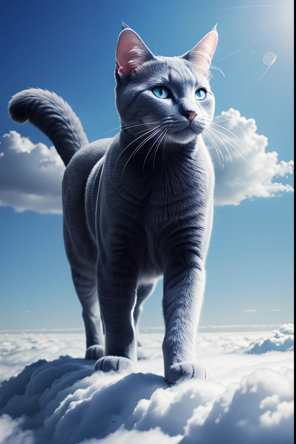 A Russian Blue cat, walking happy on the clouds