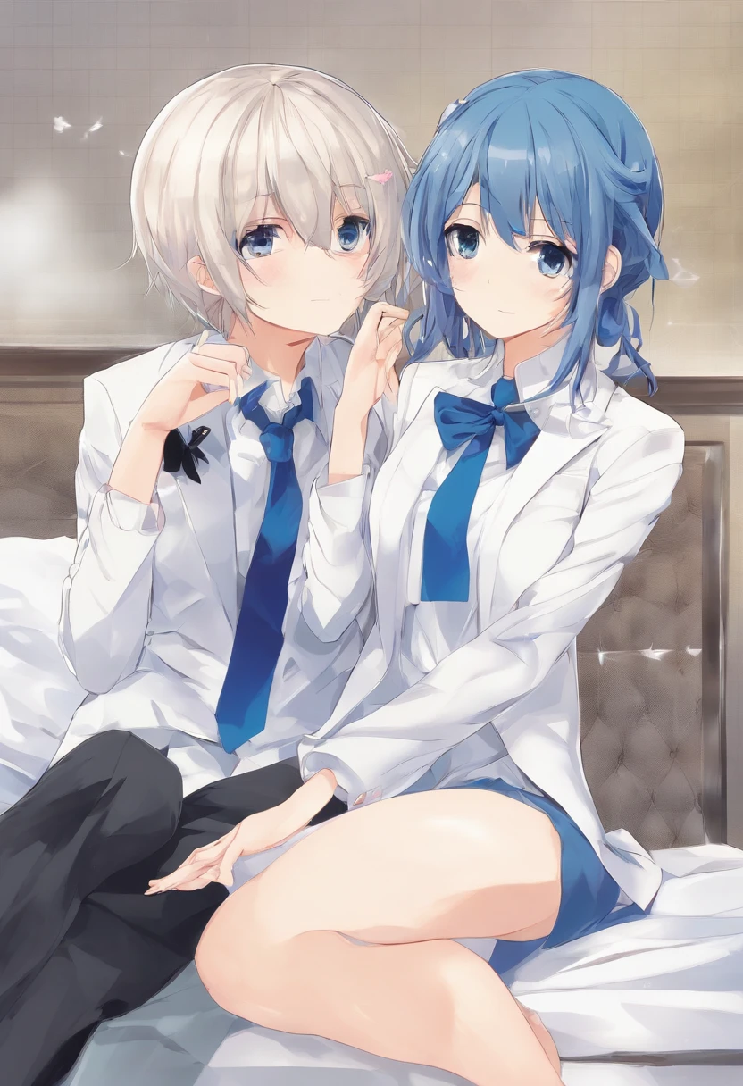 Anime (1.5), Oregairu 1.5,The details of the picture are high, Yukinoshita Yukino (1.5),girl character, 1.5,She wears a tuxedo suit with white leggings and a blue tie that puts her hand on her chest, she extends the other hand to a man to dance with, standing, outfit body, boobs, thighs