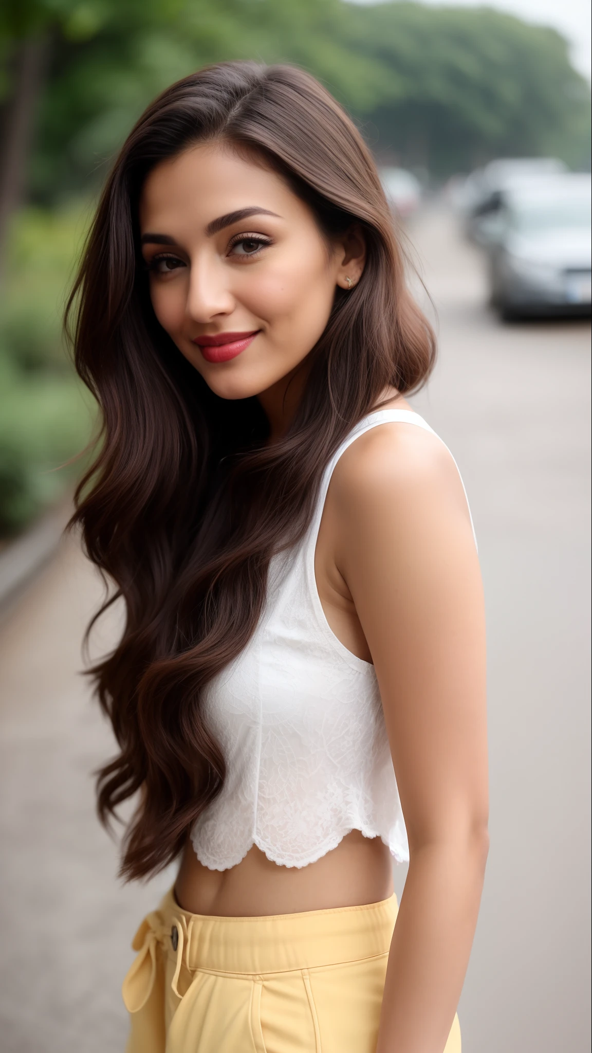 ((RAW, analog style)), face, extremely detailed full body color photo of a 25 y.o girl, beautiful face, beautiful eyes, ((small nose)), big natural lips, ((fabric frock yellow)), small breasts, slim body, outdoor street delhi ((film grain, skin details, high detailed skin texture, 8k hdr, dslr)), indian female model madhuri dixit, dark red lips, dark red lips, black color shorts, healthy body