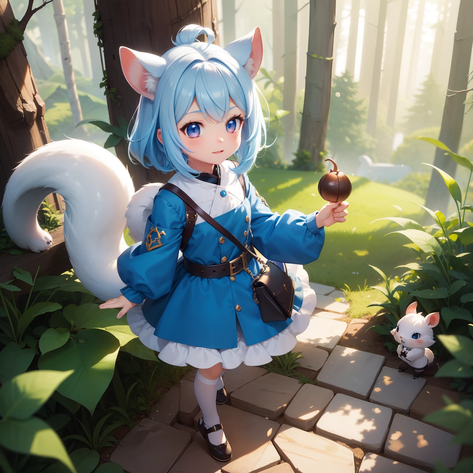 There is a small white squirrel with an acorn in his hand,  Chibichara　A cute girl with blue hair is also with me。It is a cute costume in white and blue。Dark eyes。cute forest creature, Adorable Digital Painting, cute detailed digital art, the squirrel king, Cute digital art, cute cartoon characters, cute character, CuteCreatures, Cutie, official illustrations, Official art, squirrel, maplestory mouse, astri lohne,  cute 3d render