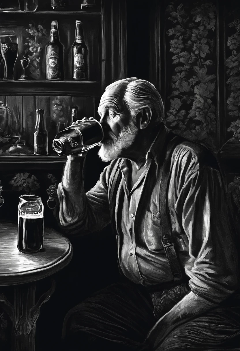 a dark art black and white of old man drinking a beer on dark room. drawn, dark, old, escuro, abstrato