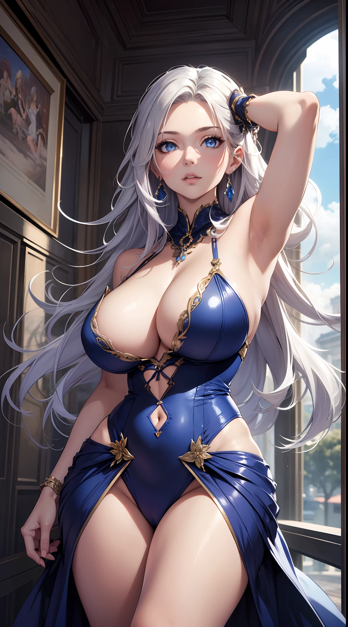(masterpiece), best quality, an extremely sexy and beautiful, floating, high resolution, dynamic pose, (1 girl), silver hair, blue eyes, sexy dress, cloudy sky, ethereal, soft lighting, breasts, cleavage