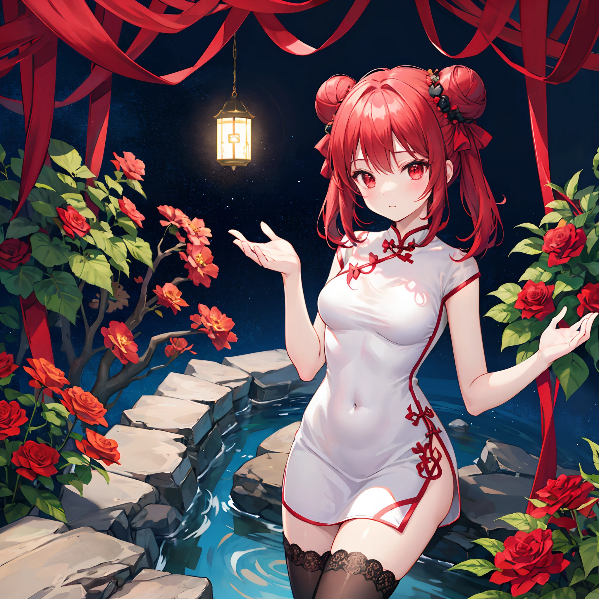 Red-haired、Bun head、red eyes、Beautiful girl alone、White cheongsam、Bright red rose garden、