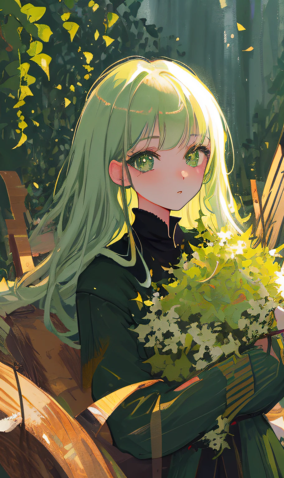 1girl, ((moss green eyes, black pupil, cat eye)), green eyes, gorgeous, [masterpiece, best quality:1.1], (white hair), traced lights, innocent, happy,feelings,emotions, colorful, trees, red leafs, intricate, stuning, cute girl, BREAK 4k, HD, Semi realism, perfect face, perfect body, glossy, sexy, masterpiece, cute face, detailed lips, detailed slit pupils, intense shadows, ambient light, illustration, ambient occlusion, color harmoney, beautiful colors, vibrant, Very Detailed, sensual, pure,holy, aromatic, serene,