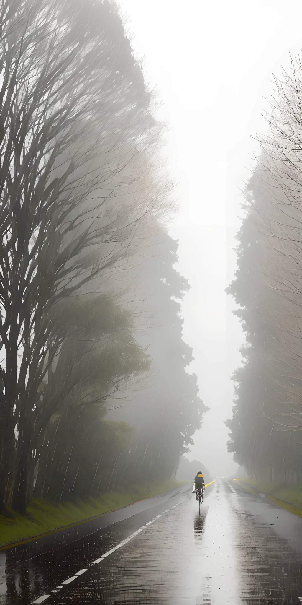 A gray, rainy scene of a lonely country road. A cyclist is cycling in the rain, with trees tilted by the wind.
