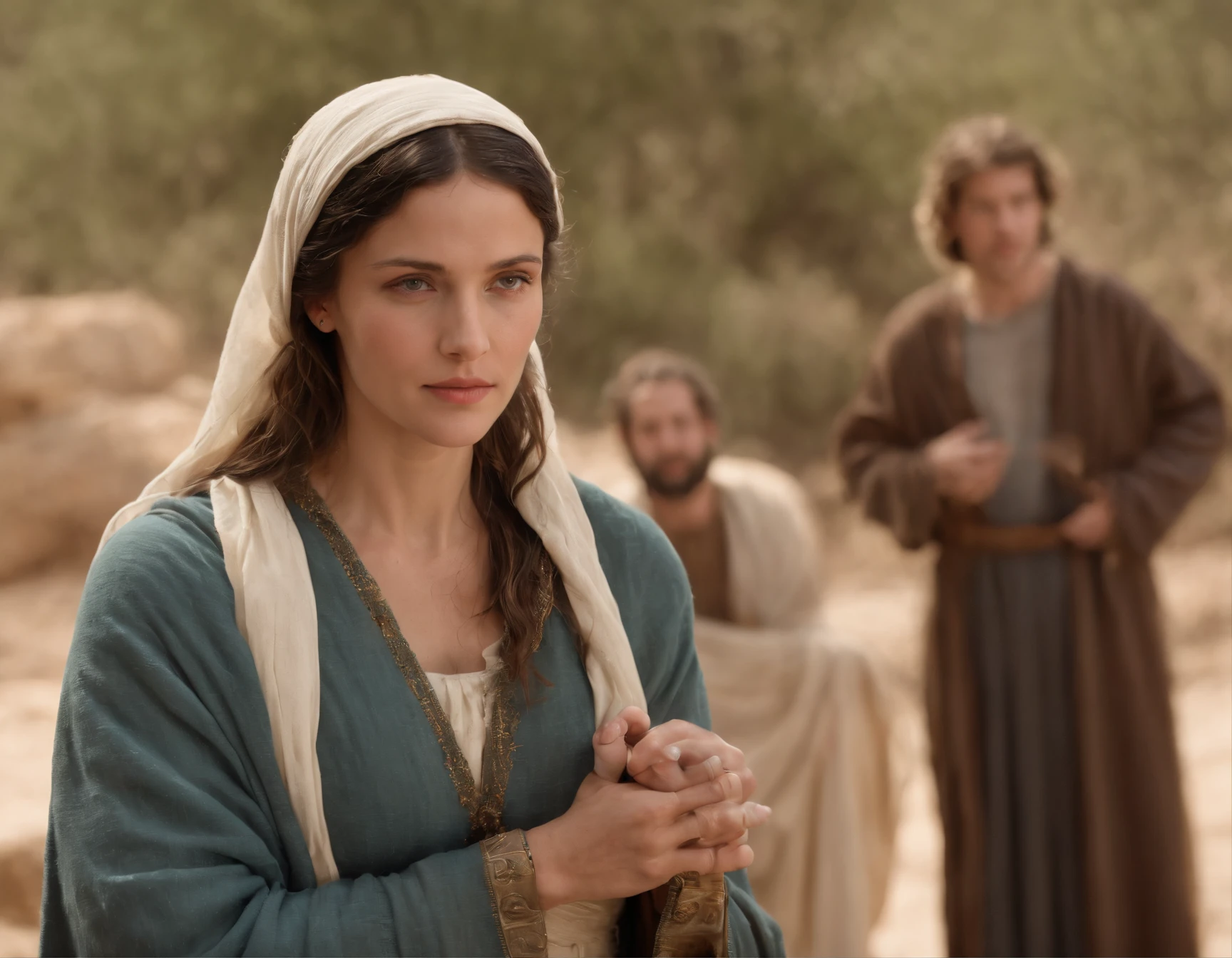 (melhor qualidade: 1.4), (Ultra Highres: 1.2), (fotorrealista: 1.4), (8k, Foto RAW: 1.2).The description of the Samaritan woman's physical appearance is not detailed in the biblical narrative, But her Samaritan background suggests she probably had similar traits to other people in the region. No historical-cultural context, The story of the Samaritan woman is set during a period of ethnic and religious tensions between Samaritans and Jews. His encounter with Jesus at Jacob's well highlights the message of spiritual equality and the importance of faith over cultural differences.