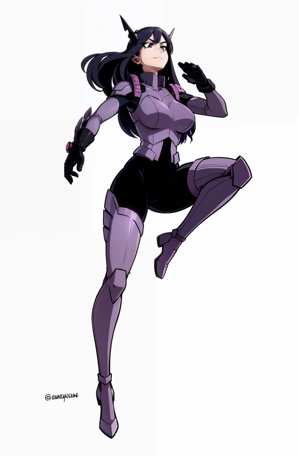 Lady Nagant, Kaina Tsutsumi, 1girl, tall woman with a curvy body, high quality colored sketch, indigo-colored hair with numerous scattered pink streaks, dressed in tactical armor, clothed in stealth armor, comic character design, comic book character, stealth suit, highly detailed exquisite fanart, new costume concept design, my hero academia style, detailed full body concept, badass pose, cyber armour