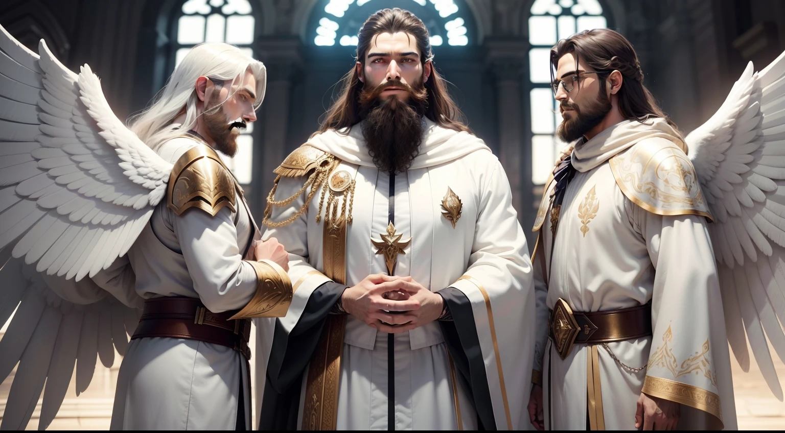 THREE MALE MIGHTY ARCHANGELS, THE MIDDLE ARCHANGEL WITH BEARD, ALL WITH GIANT WINGS, ALL IN WHITE ROBE, ULTRA REALISTIC WAR ARCHANGELS 8K