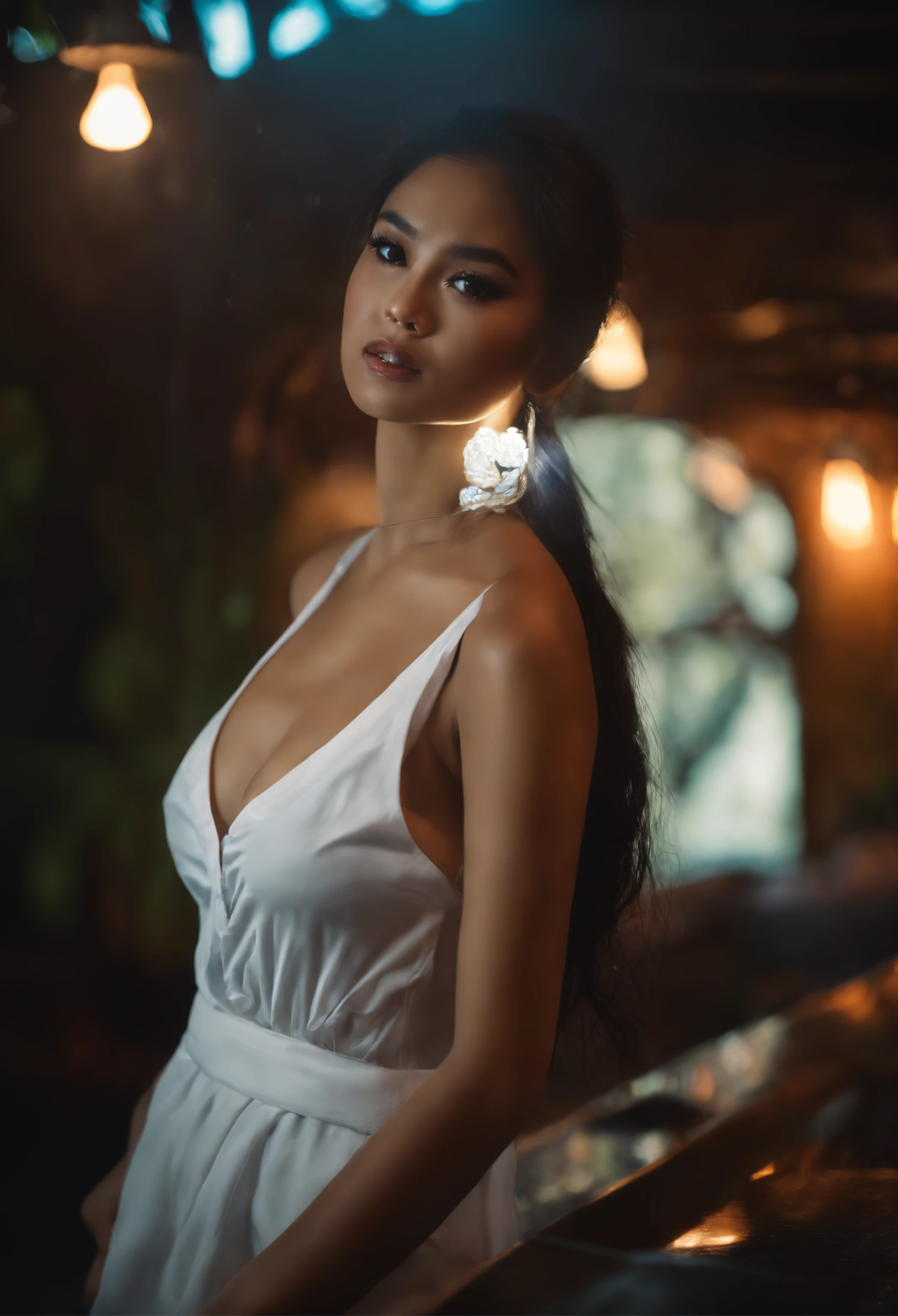 beautiful filipina looking forward, 8k, exotic, sexy, erotic,epic lighting, realistic, wearing wet shirt, white apron, mini skirt