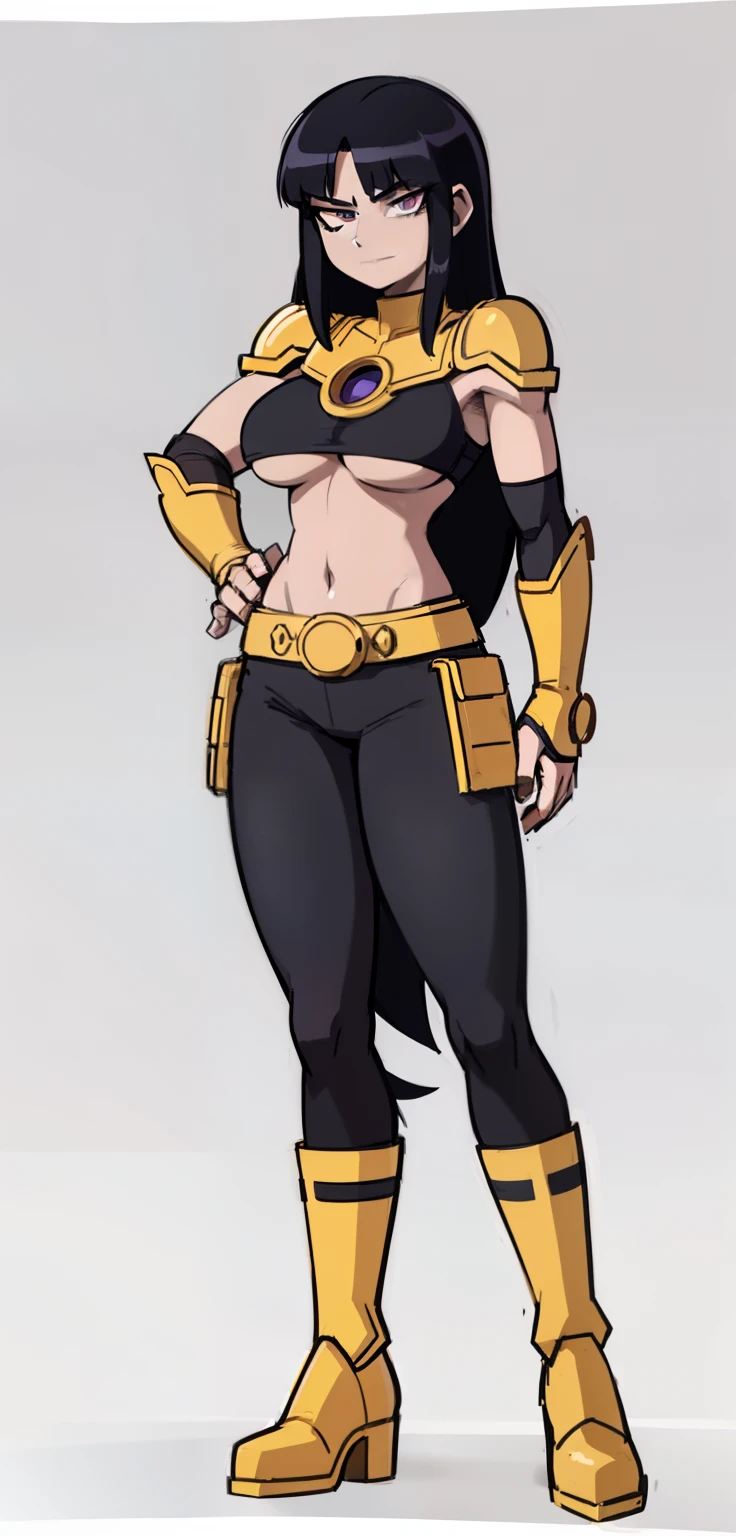 My Hero Academia style, anime Girl, female, trending on artstation pixiv, (full body shot:1.5), Blackfire, Teen Titans, wide hips, wide thighs, medium breast, Very long hair, black hair, straight hair, violet eyes, black underboob tube top, black tube top, underboob tube top, black underboob top, black top, tube top, underboob top, exposed abdomen, exposed navel, bare shoulders, black baggy backless pants, black backless pants, baggy backless pants, black baggy pants, black pants, baggy pants, backless pants, Black chaps, chaps, Black bikini bottom only, Black bikini bottom, Black bikini, bikini bottom, bikini bottom only, buttom only, Black ankle boots with toe, black ankle boots, ankle boots with toe, Perfect Anatomy, Super Detailed, perfect hands, hands on hips, joyful gaze, smug, Looking at viewer,