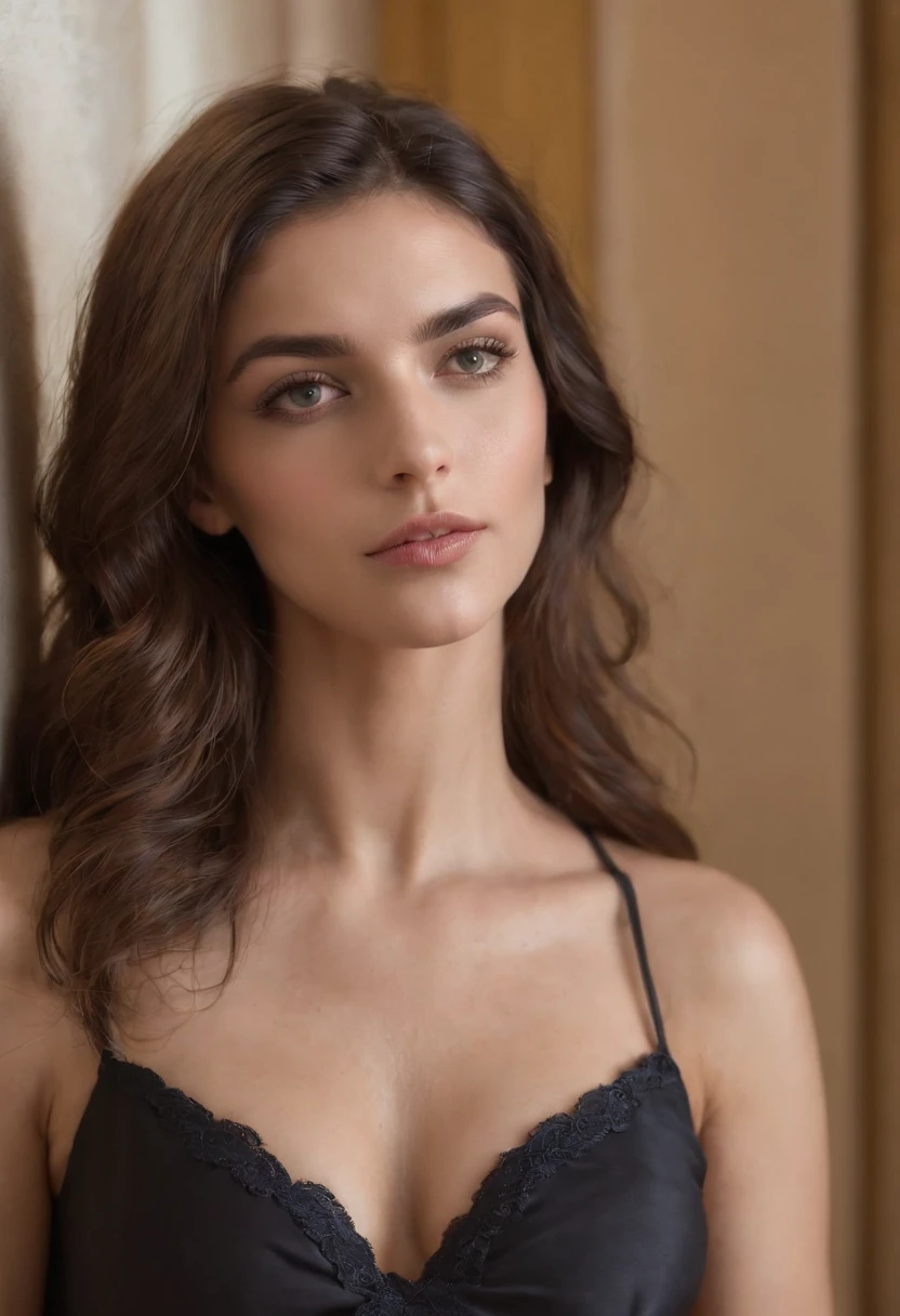 Portrait of a beautiful woman in sexy black lingerie, Cadena de Brasil, Balconette bueno, Ropa interior de lujo, cuarto oscuro con ventana, luz de ventanatetas naturales, Cuerpo apretado de diminuto, cuerpo bronceado, cabello rubio, ojos azules, Collares, jewely, Piel detallada, Cara detallada, 5 dedos, cuerpo completo, Head to feed,Retrato de, from the rear, Vista posterior, Cinematographer, realista, fotorrealista, Hiperrealismo , 8k, Altamente detallado, Arte de color RAW de alto detalle, fuzzy lighting , cinematic lighting, romantic lighting,