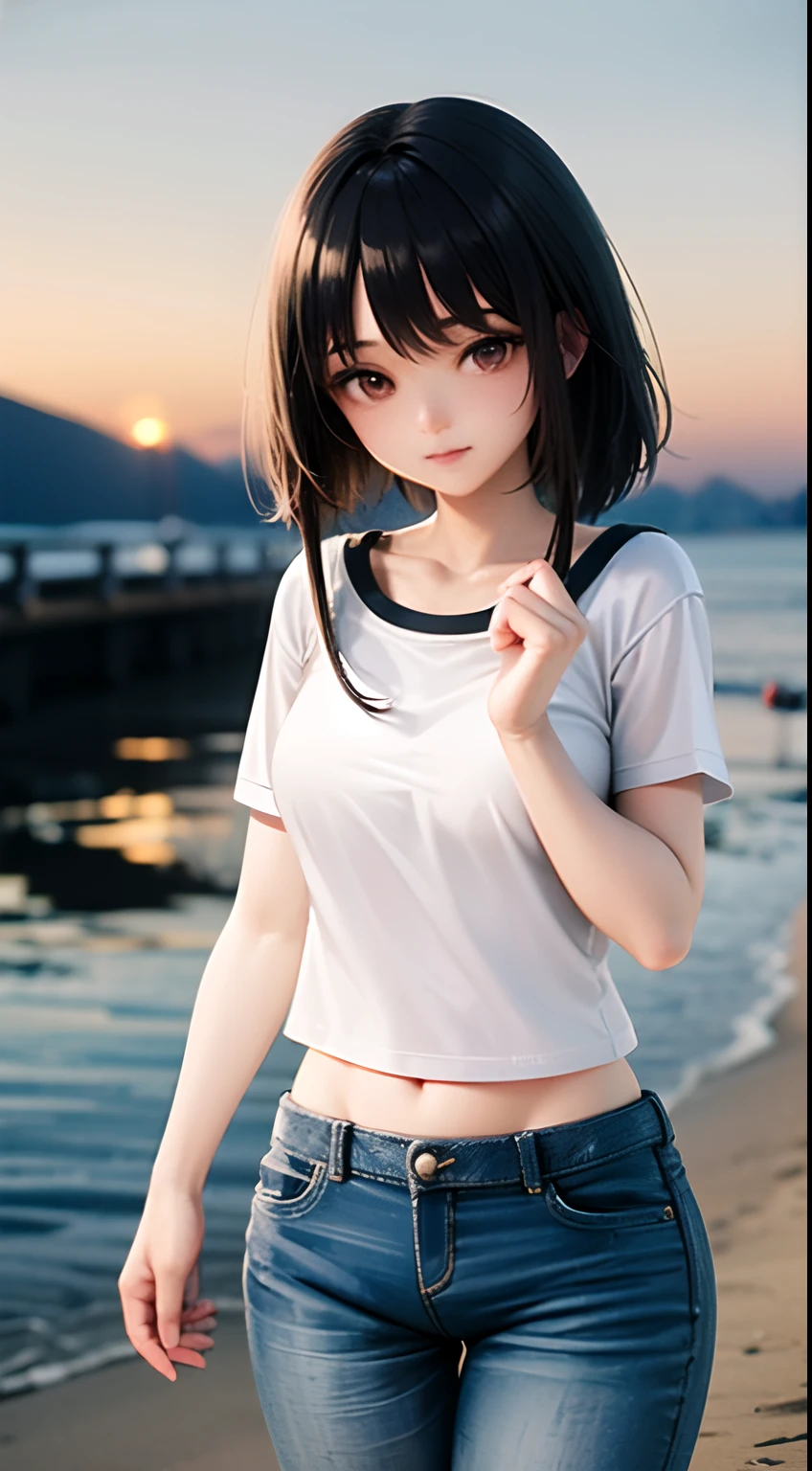 (top-quality:1.5)、(​masterpiece:1.5)、(hight resolution:1.5)、(RAW Photos:1.5)、reallistic、Photorealsitic、High Details、film grains、Detail Skin、natural soft light、bilaterally symmetrical、8K、Very delicate and beautiful illustration
1 girl、Random Hairstyles、Slim Leg、delicate and pretty、face perfect、beautidful eyes、fair white skin、Real human skin、pores、（Japan student：1.2）、
1 girl in、独奏、a black T-shirt、Short denim pants、the beach