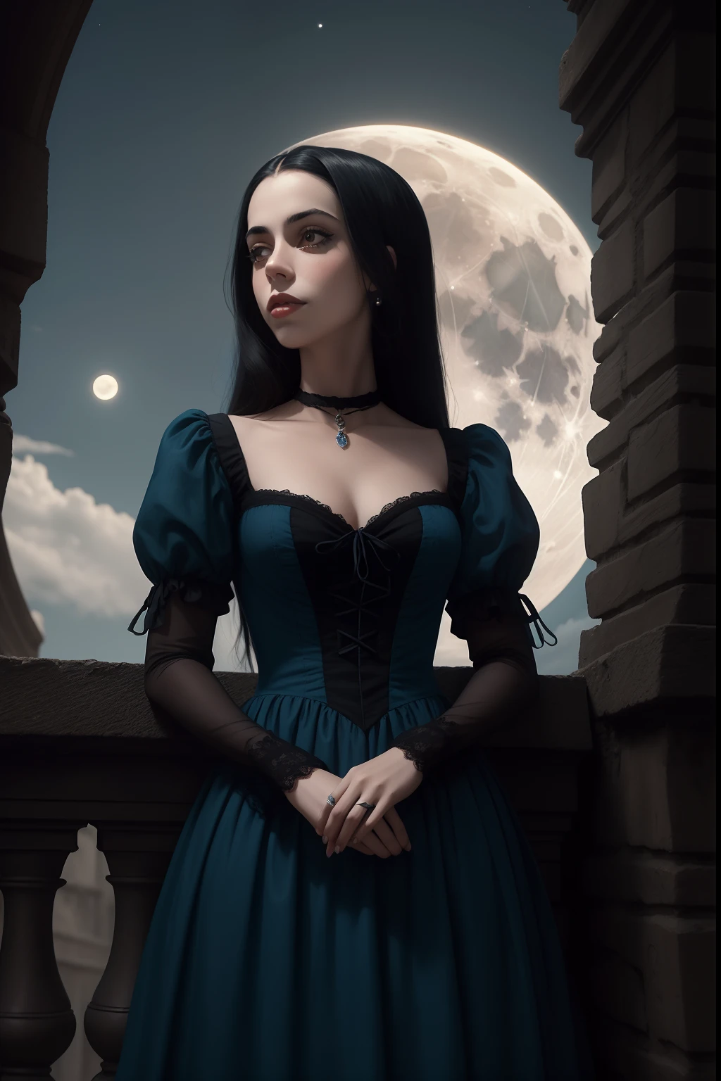 vampira jovem, 19 anos, pintora, parecida com oona chaplin. Looking towards the Moon. wears blue dress 18th century. darkeness, muitas sombras, gothic scenario.