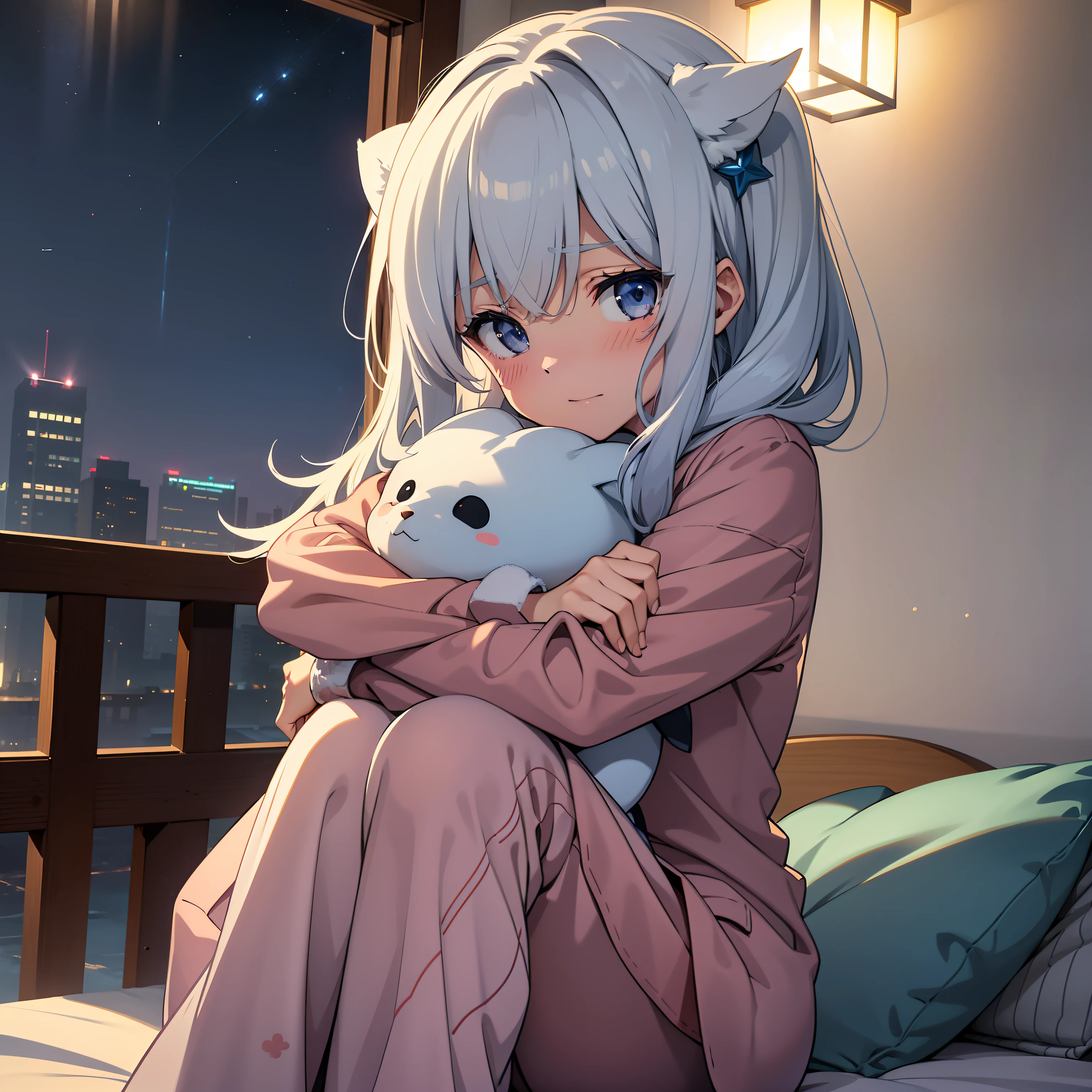 best qualityer,8K Ultra Clear,style of anime,cold shades,the night,rays of moonlight,The girl is sitting on the bed in her pajamas, hugging her knees,delicated face,Blushing shyly