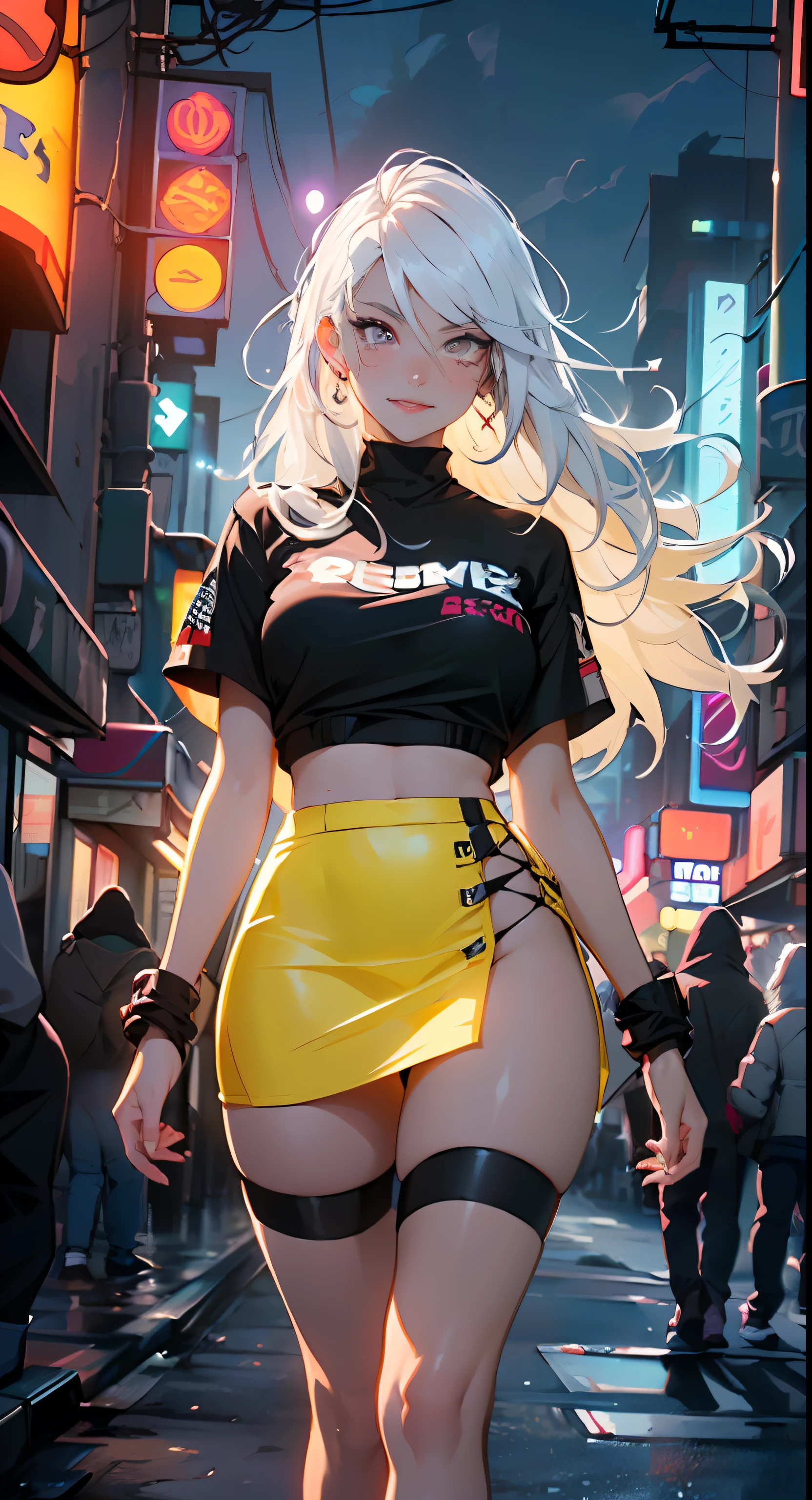dark skin,very dark skin,dark_skin,
girl rave,(((1girl))),((anime girl with extremely cute and beautiful white hair walking seductively down the street)),
(large breasts:1.4),saggy breasts,(((white hair:1.35,straight hair,long hair:1.4,colored inner hair,ear breathing))),((very light yellow eyes:1.3,upturned eyes:1.3,perfect eyes,beautiful detailed eyes,gradient eyes:1,finely detailed beautiful eyes:1,symmetrical eyes:1,big highlight on eyes:1.2)),((fat)),((((black girl,black skin,dark-skinned_female,dark skin:1.3,ebony skin,lustrous skin:1.5,bright skin: 1.5,shiny skin,very shiny skin,shiny body,plastic glitter skin,exaggerated shiny skin,shiny skin like ebony))),(spider lower abdomen,narrow waist,wide hip,athletic body,inflated legs,delicate detailed fingers,detailed body,detailed arms,human hands,(detailed face)),glowing skin,shiny eyes with reflexion,splashing,ultra shiny hairs, neon hairs,hologram body
cute,slutty,seductive,erotic,(((nsfw))),
zettai ryouiki,revealing clothing,show skin,((rave shirt with an yellow print,rave mini-skirt,visible thong straps)),(wearing a rave outfit:1.3,rave clothes,semi-naked,with little clothing,),(detailed outfit,detailed clothes),glowing clothes,
(dynamic pose:1.0),solo focus,((mischievous smile)),centered,scale to fit dimensions,Rule of thirds,
outdoors,((night view)),(very pretty city neon synthwave,cyberpunk night street Background:1.5,dark sky,thick clouds),future vehicles,((neon lights)),thick clouds,(cyberpunk style,neon lights, (synthwave theme background), lonely street),(((detailed background:1.25))),
(best quality),(high resolution),(sharp focus),(ultra detailed),(extremely detailed),(extremely high quality artwork),8k_wallpaper,(extremely detailed CG 8k),(very fine 8K CG),((hyper super ultra detailed perfect piece)),flawless,(((masterpiece))),illustration,vibrant colors,(intricate),High contrast,Selective lighting,Double exposure,HDR (High Dynamic Range),Post-processing,Background blur,