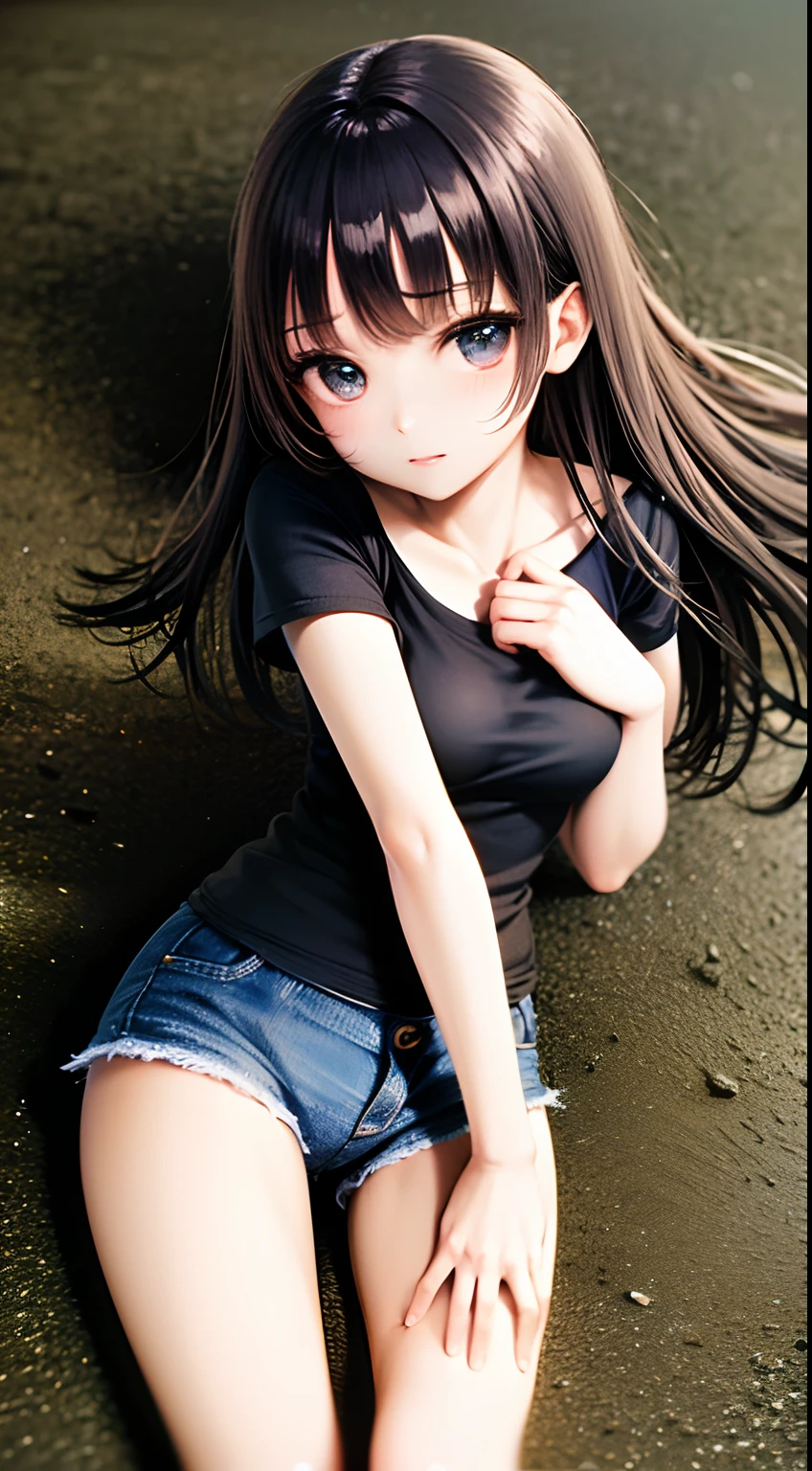 (top-quality:1.5)、(masterpiece:1.5)、(hight resolution:1.5)、(RAW Photos:1.5)、reallistic、Photorealsitic、High Details、film grains、Detail Skin、natural soft light、bilaterally symmetrical、8K、Very delicate and beautiful illustration
1 girl、Random Hairstyles、Slim Leg、delicate and pretty、face perfect、beautidful eyes、fair white skin、Real human skin、pores、(Japan student:1.2)、
1 girl in、独奏、a black T-shirt、Short denim pants、the beach