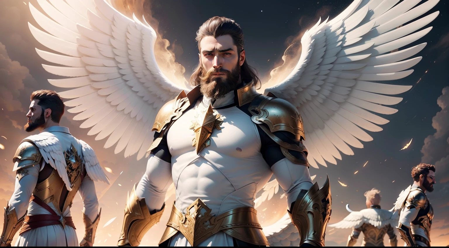 THREE POWERFUL MALE ARCHANGELS, THE MIDDLE ARCHANGEL WITH A BEARD, ALL WITH GIANT WINGS, ALL WITH WHITE GARMENTS OF WAR ARCHANGELS WITH ULTRA REALISTIC CELESTIAL BACKGROUNDS 8K