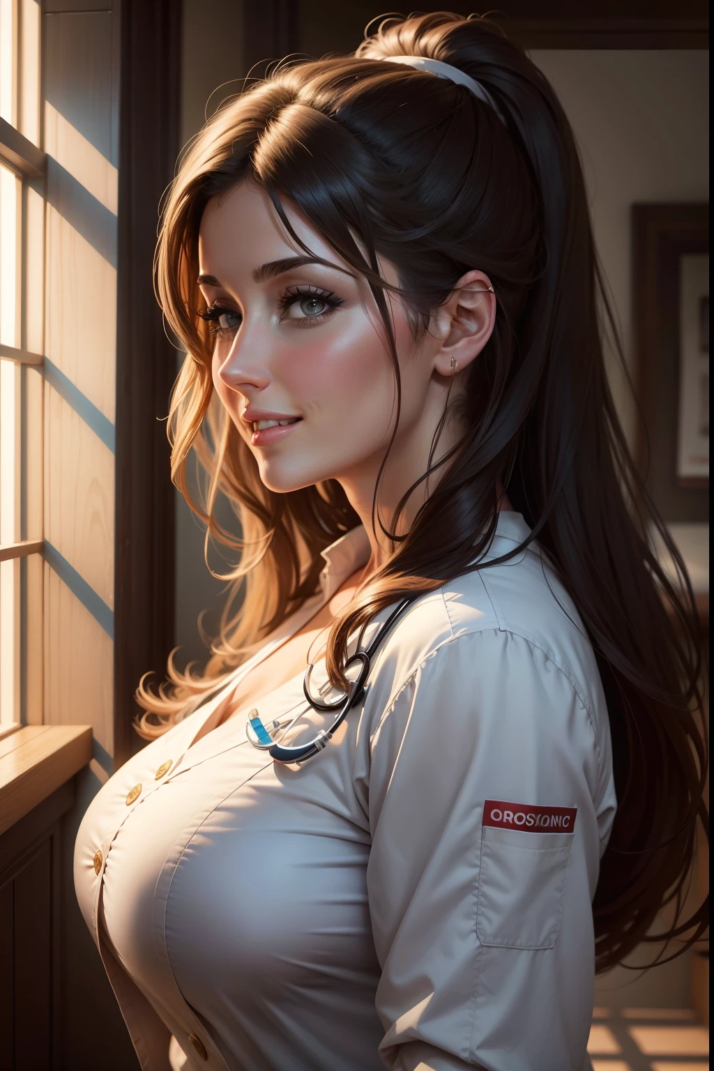 lucy pinder, portrait, smiling, profile, doctor, looking