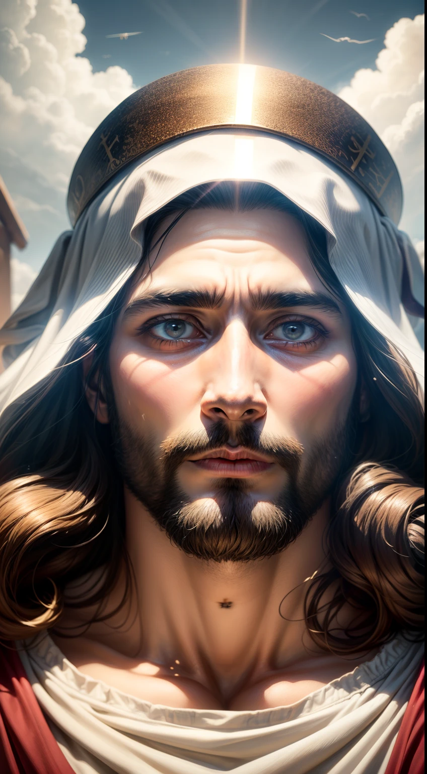 ((JESUS OF NAZARETH)), hovering over the clouds, 33 years old, whole body, jesus christ, jesus, god of heaven, dressed as Jesus Christ, Lord and Savior, the God of heaven, glorious Jesus, coming out of the clouds, perfect face