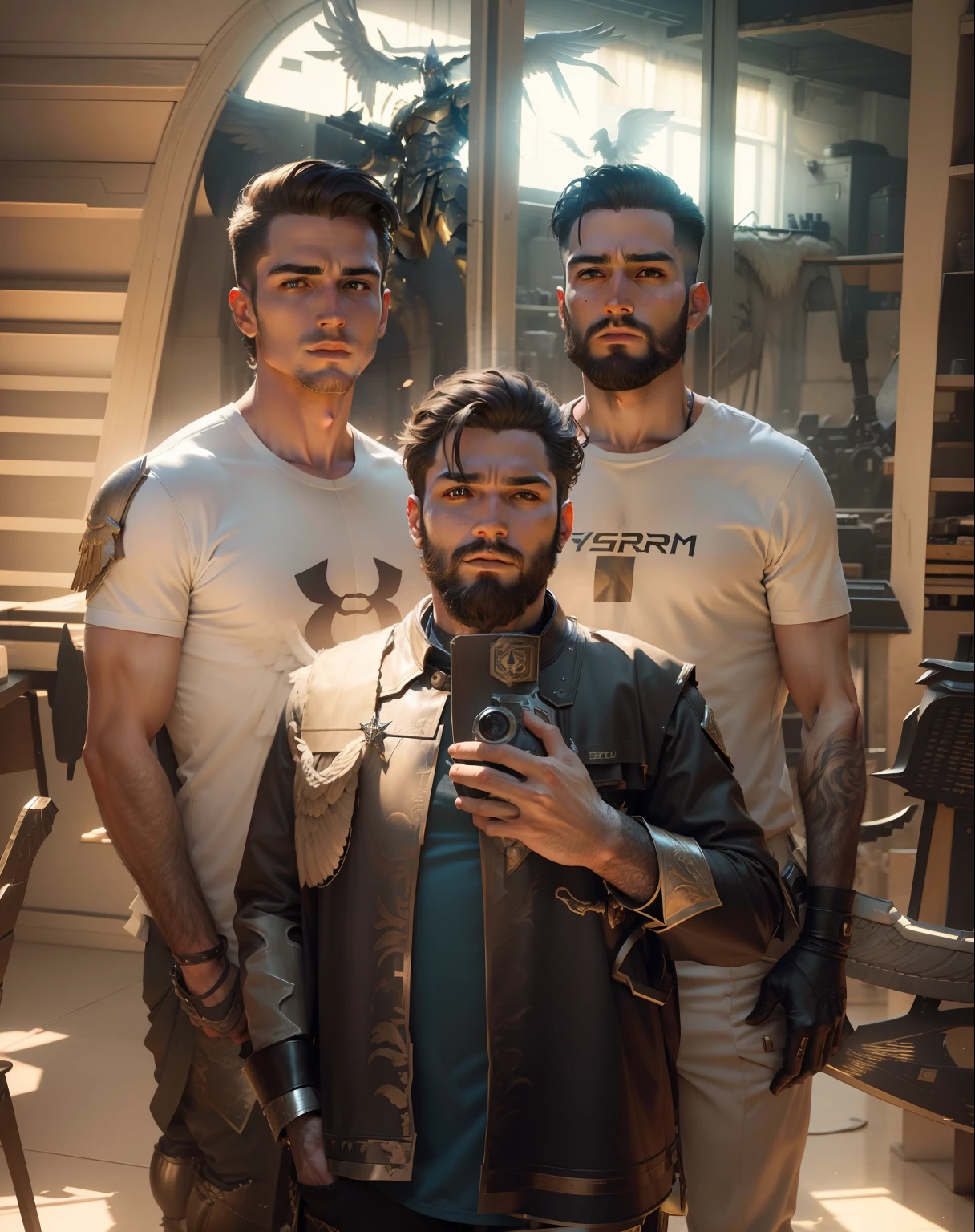 THREE POWERFUL MALE ARCHANGELS, THE ARCHANGEL OF THE BEARD, ALL WITH GIANT WINGS, ALL WITH WAR ANGEL DRESS, ALL WITH ULTRA REALISTIC WAR ARMOR 8K