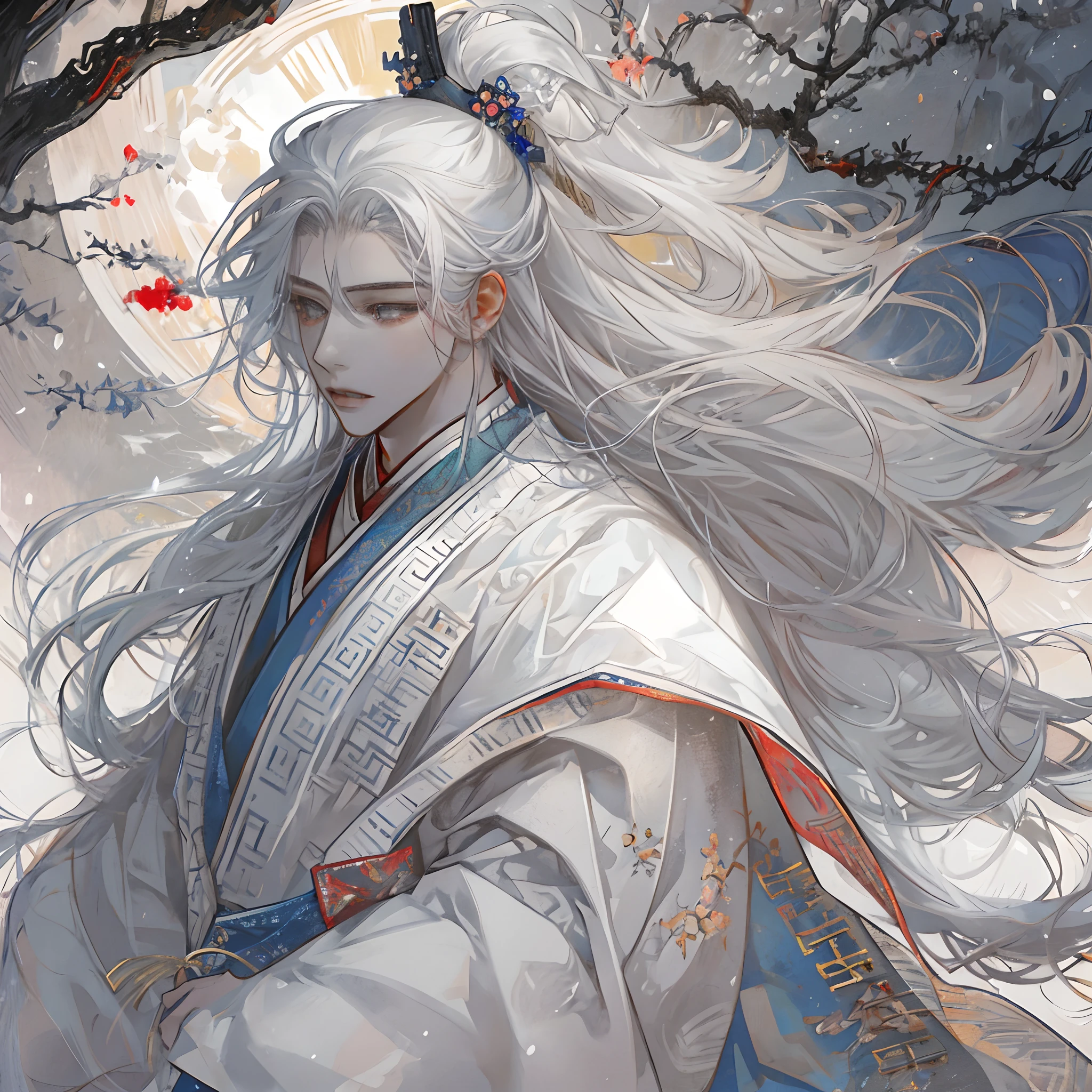 The male，Male，White Hanfu，long  white hair，Long flowing hair，Wide robe with large sleeves，Ancient wind，Solid color clothes，The clothes do not have any patterns，laughingly，softlighting，water ink，Behind it is the full moon，low-saturation，low-contrast，led floodlights