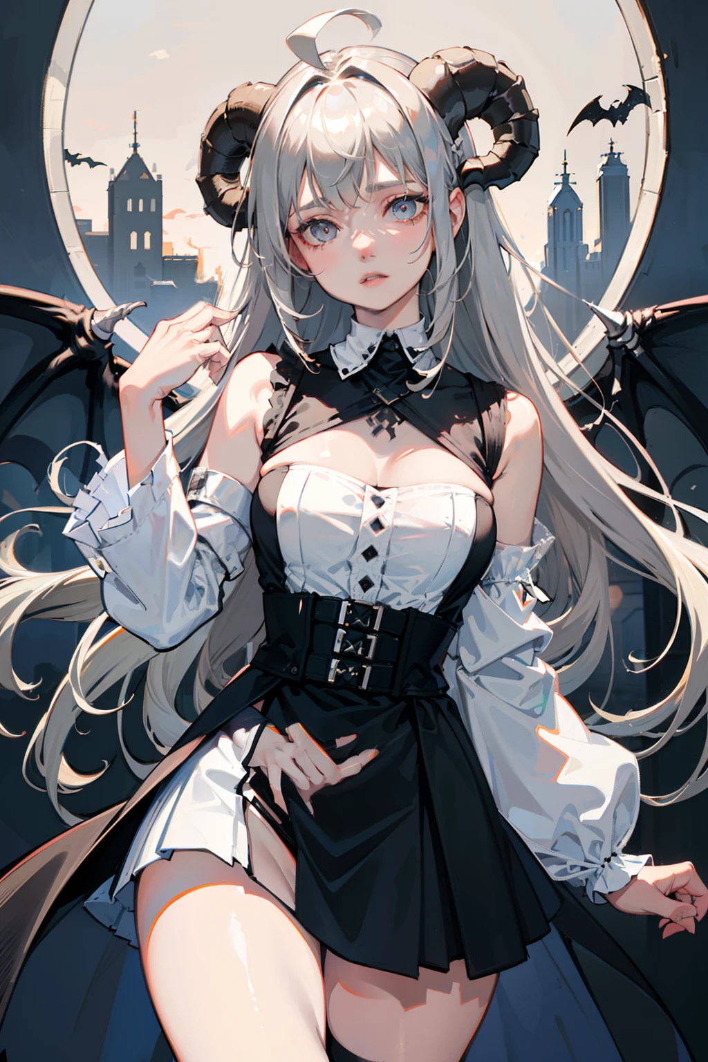 ((masterpiece, best quality)), (1girl), (solo), (female focus), (ahoge, ash blonde hair, long hair), green eyes, ((white shirt), (buttoned shirt)), ((black skirt), (short skirt)), standing, white background, arms behind back, (bat wings on the waist), (sheep horns), sad eyes, cold facial expression, cold look, pale skin, colour grading, dark illustration, extreme quality, radiant, extremely detailed, ultra-detailed face, ultra hd 8k, ultra digitality, mythical, dark lightning, sleepy eyes, detailed hands, fine details, ash blonde haired deity, grey-haired, girl with ash blonde hair, nier:automata inspired, nier : automata inspired, girls frontline cg, grey haired, ash blonde hair girl, perfect grey haired girl