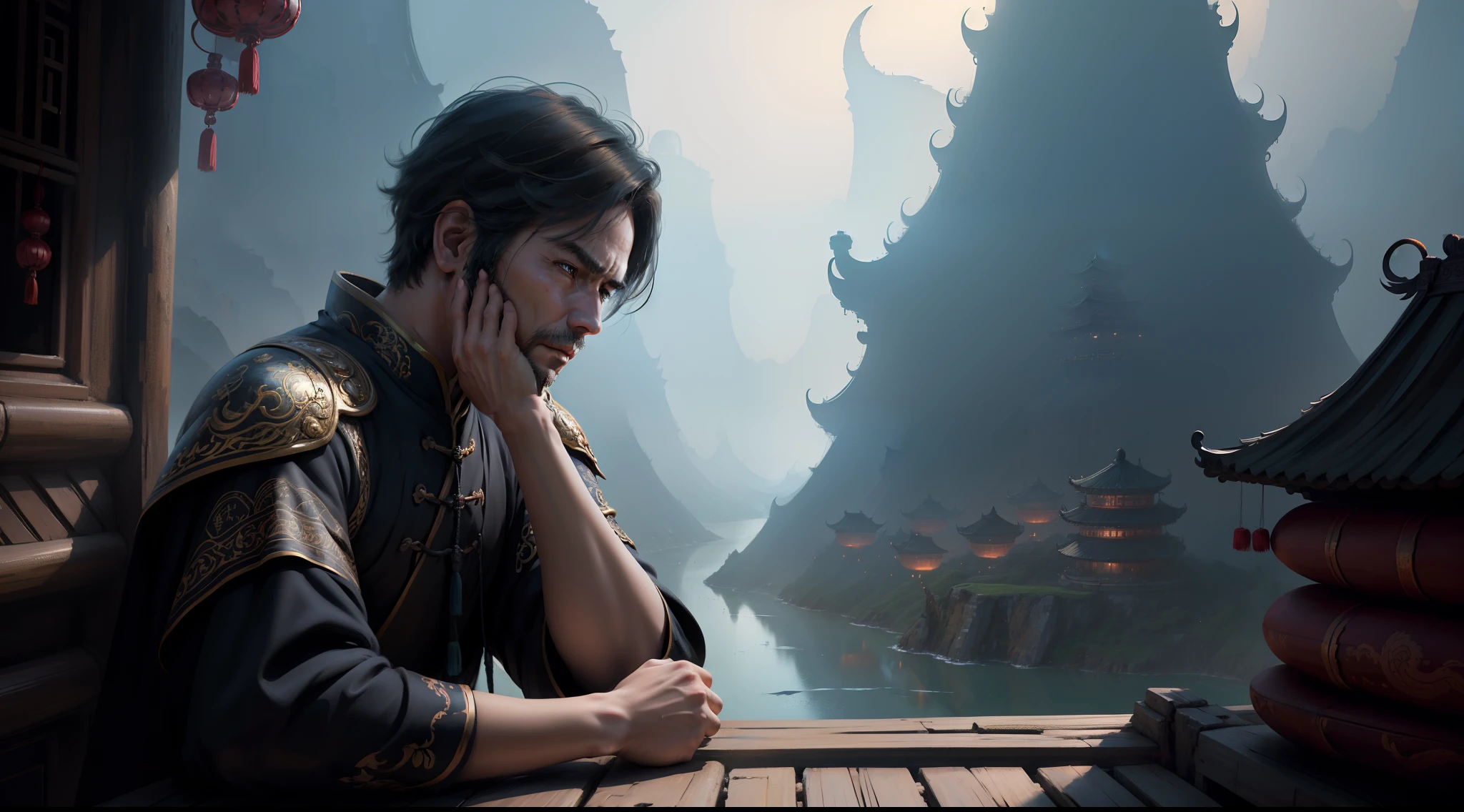 A man daydreaming about a better life, looking dissatisfied with his current surroundings. fantasy wolrd china