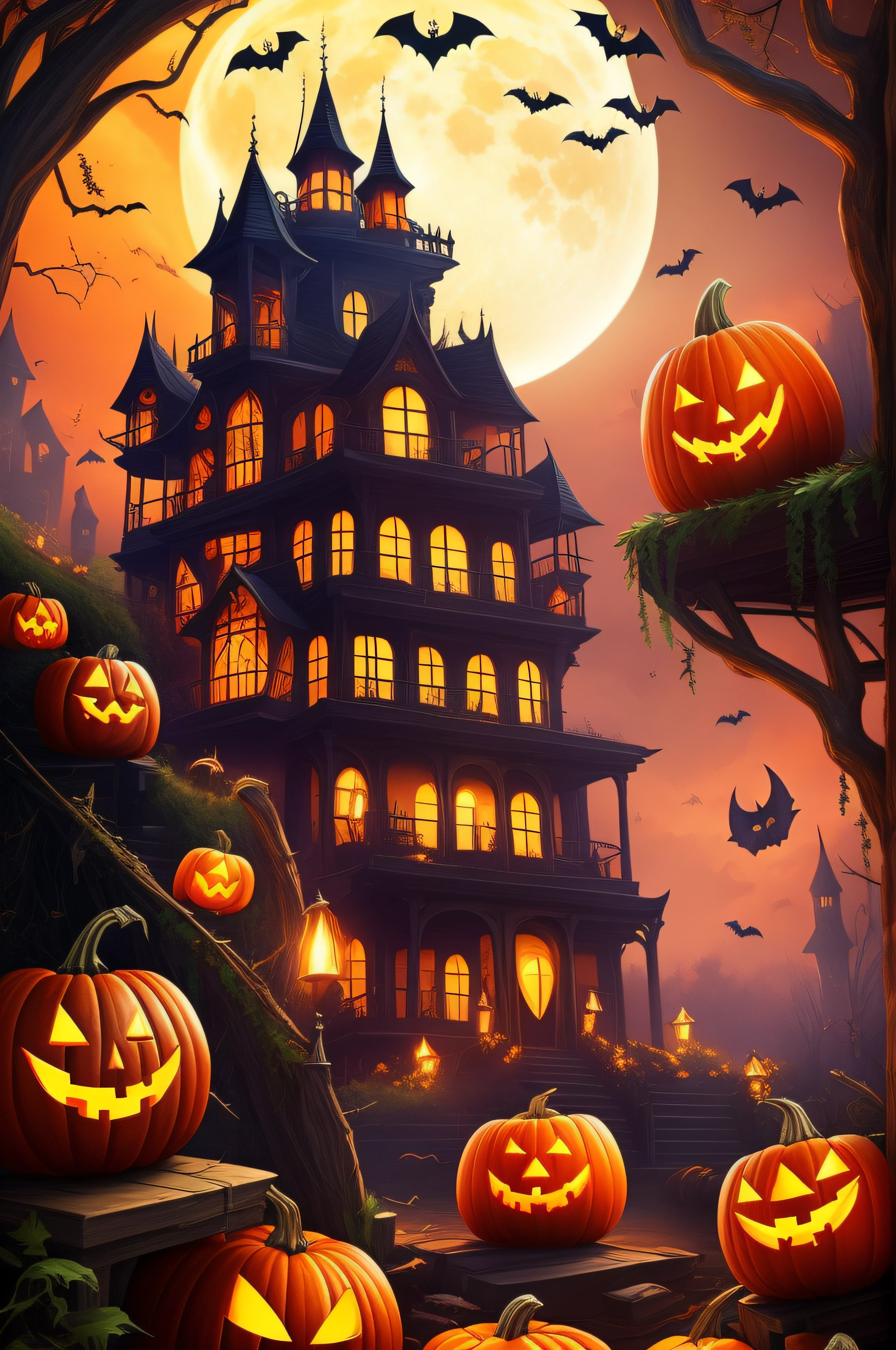Halloween Poster, pumpkins, the bats, withered huge branches, fullmoon, Ray tracing, Stacked chests, castle, Western castles、masterpiece、top-quality、top-quality、realisitic、8K