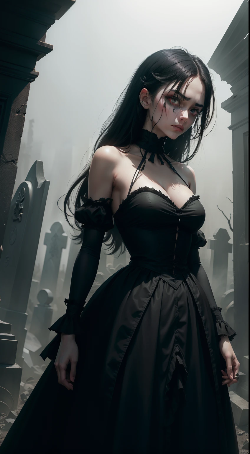 "Craft a bone-chilling masterpiece set in a 1600s graveyard on a cold, foggy night. Amidst the crumbling tombstones and eerie silence, introduce a malevolent and emaciated humanoid figure, her unnaturally thin frame shrouded in a tattered black dress from the era. Her messy, long, straight dark hair hangs like a curtain of dread, partially obscuring her blood-red eyes, which emit an evil, otherworldly glow. As she hovers above the ground, a sense of terror and dread permeates the air, and the atmosphere is thick with decay and disgust. Describe the fear that washes over anyone who dares to lay eyes upon her twisted, sickly form. Evoking shock value and pure horror, paint a vivid portrait of her menacing presence, leaving readers with a lingering sense of unease. This is a scene designed to haunt their nightmares."