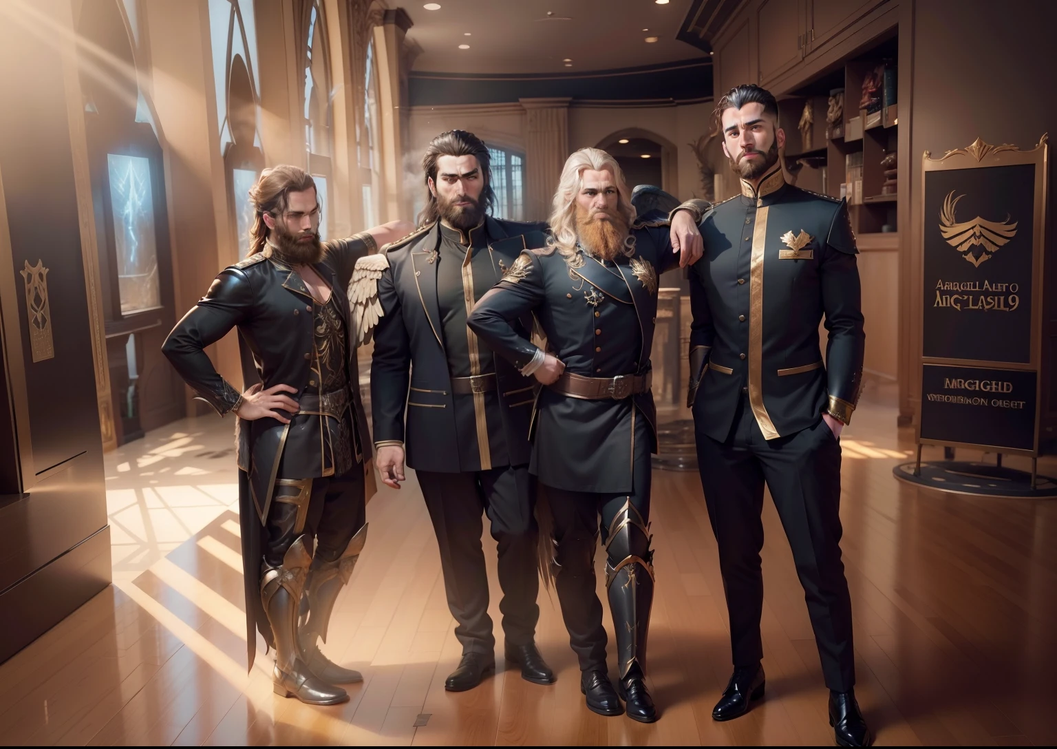 THREE POWERFUL MALE ARCHANGELS, THE ARCHANGEL OF THE BEARD, ALL WITH GIANT WINGS, ALL WITH WAR ANGEL DRESS, ALL WITH ULTRA REALISTIC WAR ARMOR 8K