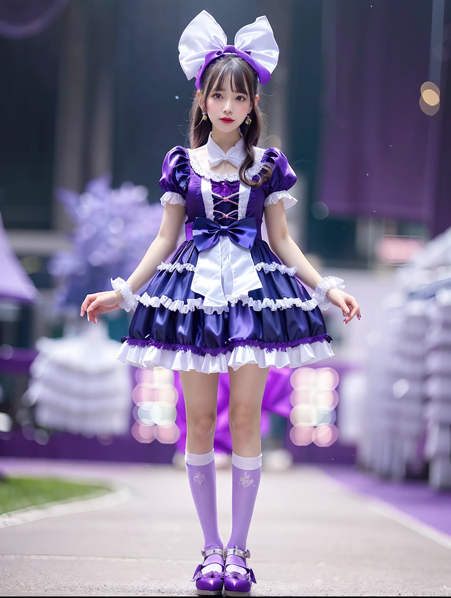 Arafe girl in purple satin dress and bow tie, rococo ruffles dress, angelic pretty, frilly outfit, rococo dress, high quality costume, Lolita style, style of magical girl, Lolita Fashion, fantasy outfit, Belle Delphine, fantasy dress, Purple Accent Costume, Light purple, Ice Purple Dress, maid dress, loli in dress