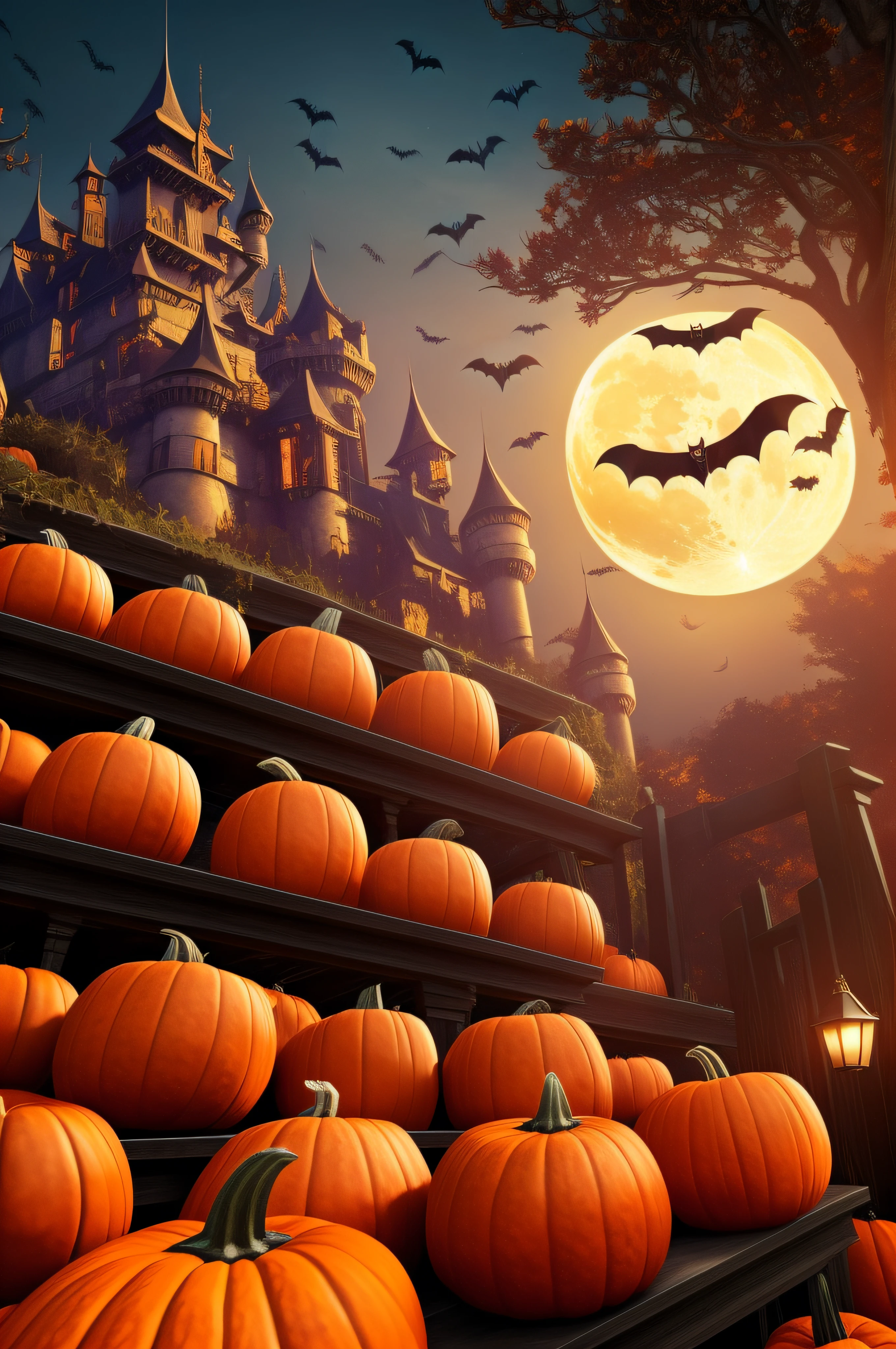 Halloween Poster, pumpkins, the bats, withered huge branches, fullmoon, Ray tracing, Stacked chests, castle, Western castles、​masterpiece、top-quality、top-quality、realisitic、8K