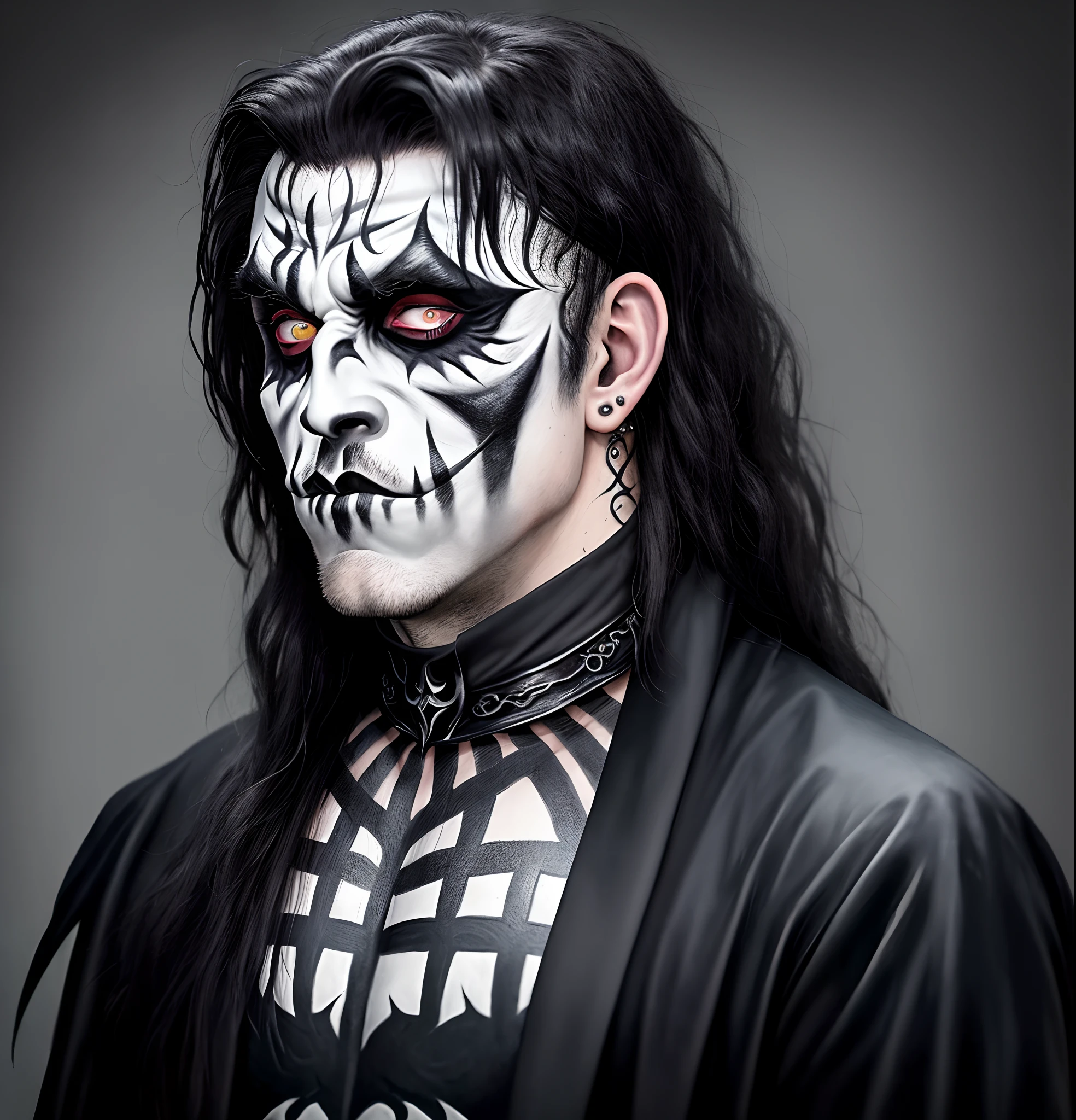 Homem, fundo de um show de metal, corpse Paint, long hair down to the back, bangs up to the eyebrows, Metalhead, camisa de banda de corpse paint, pele branca, piercings no rosto, olhos pretos