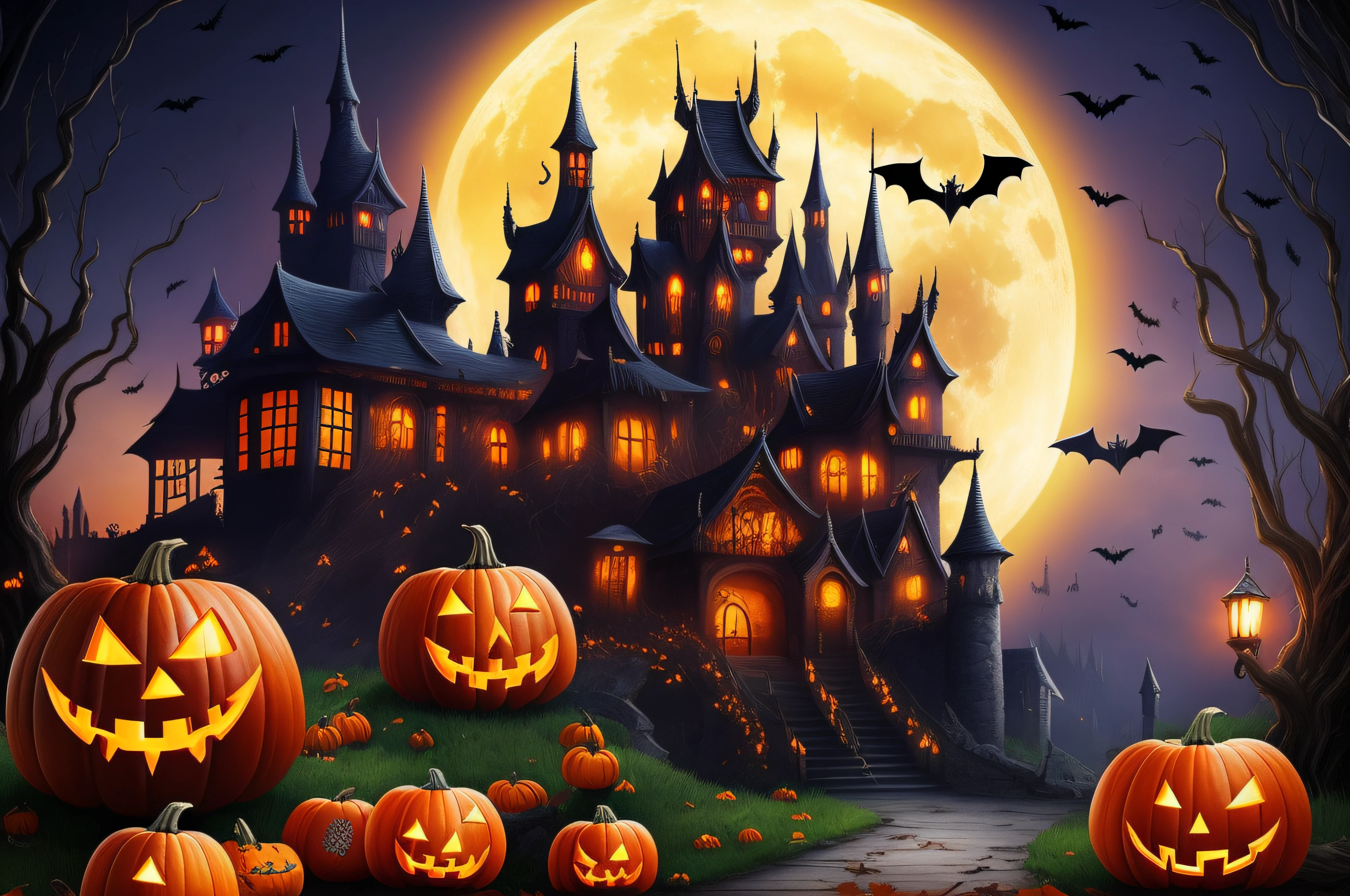 Halloween Poster, pumpkins, the witch, the bats, withered huge branches, fullmoon, castle, Western castles、​masterpiece、top-quality、top-quality、realisitic、8K、ghosting、Halloween