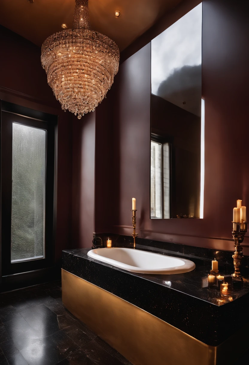 full body shot Busty curvy african american woman around 30 years old, very feminine and attractive, with completely black wavy hair, candlelight in a black and red granite Luxurious bathroom with freestanding bathtub, rain shower, heated flooring, marble tiles, brass fixtures, floating vanity with double sink, elegant chandelier, high contrast lighting, spa-like atmosphere, high resolution