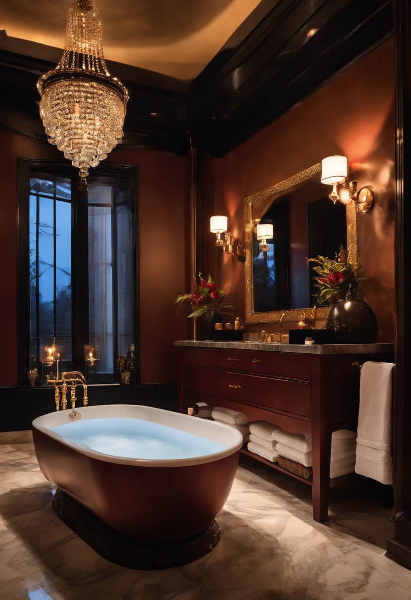 full body shot Busty curvy african american woman around 30 years old, very feminine and attractive, with completely black wavy hair, candlelight in a black and red granite Luxurious bathroom with freestanding bathtub, rain shower, heated flooring, marble tiles, brass fixtures, floating vanity with double sink, elegant chandelier, high contrast lighting, spa-like atmosphere, high resolution
