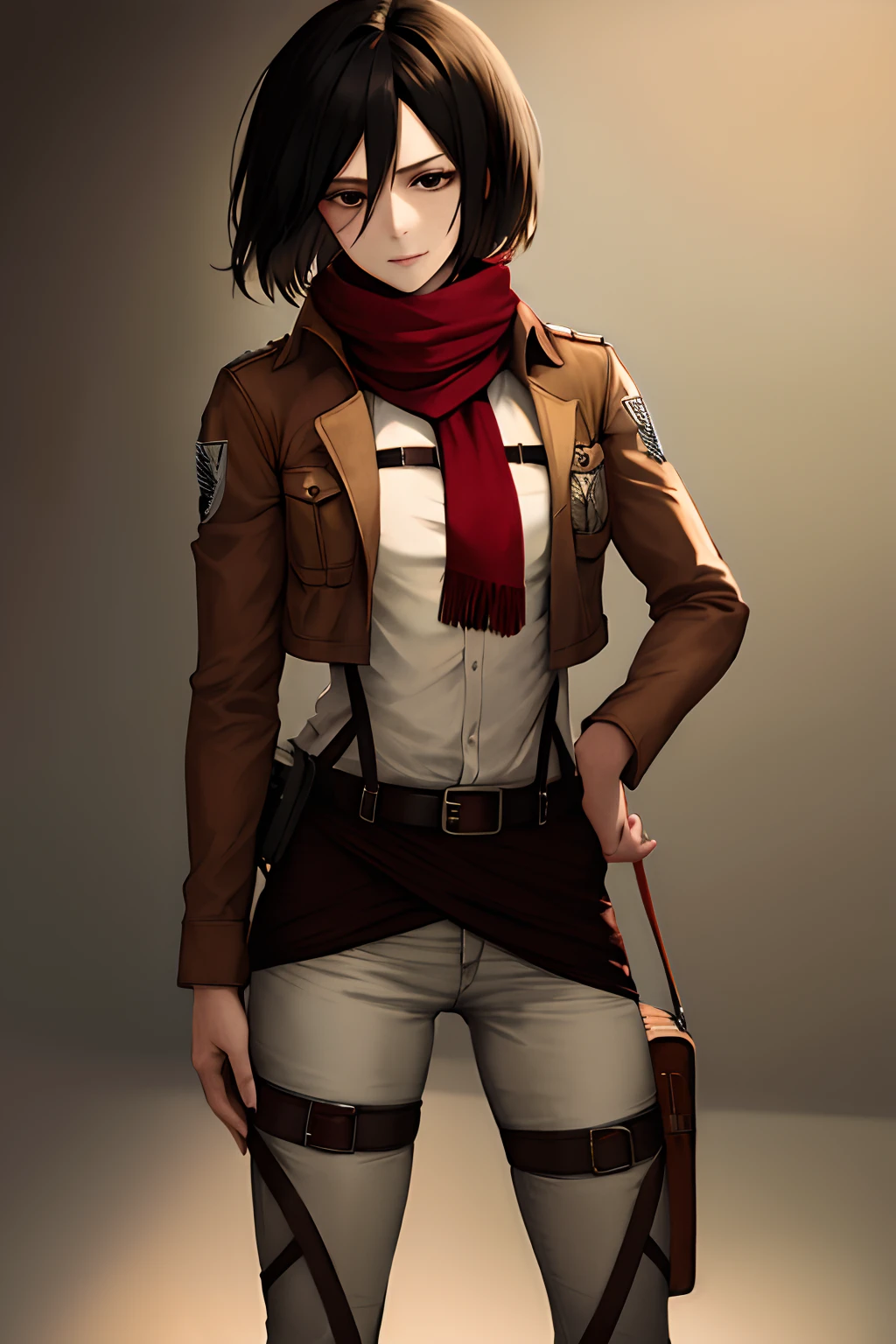 masterpiece, best quality, highres, hmmikasa, short hair, black eyes, scarf, emblem, belt, thigh strap, red scarf, white pants, brown jacket, long sleeves, cowboy shot, standing