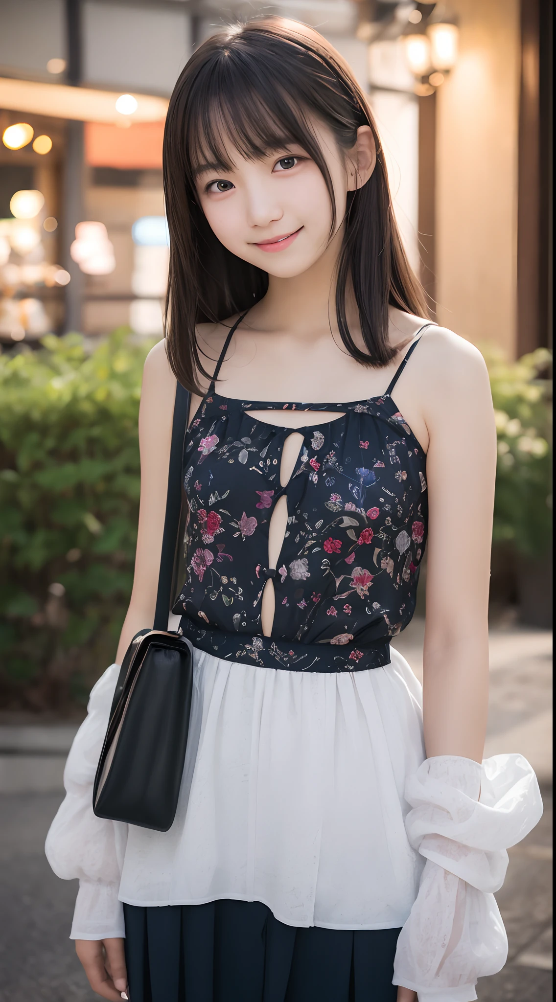 masutepiece, Best Quality, 8K, 15yo student, Teen, Raw photo, absurderes, award winning portrait, Smile, Smile, Solo, Night, neons, Idol face, violaceaess, gardeniass, Delicate girl, Upper body, Digital SLR, Looking at Viewer, Candid, Sophisticated, zora々Right, Thin arms, Professional Lighting, Film grain, chromatic abberation, (Eyes and faces with detailed:1.0), (Bokeh:1.1)