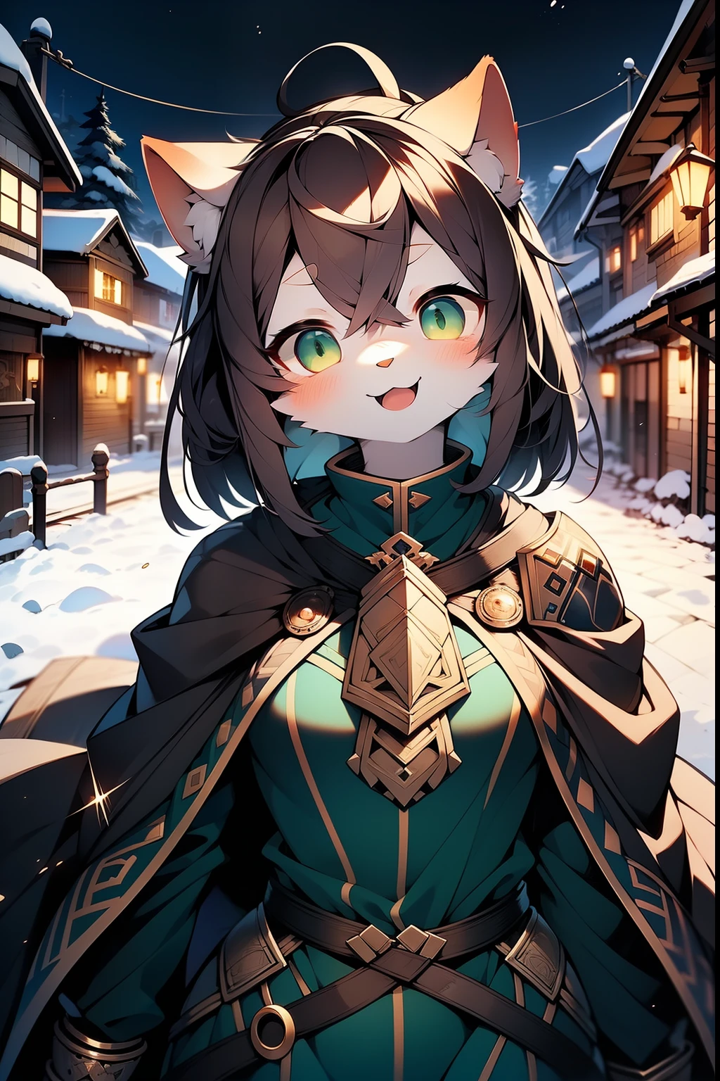 a cute female anthropomorphic black kemono furry cat, wears a cape made of gold and antique military armor, has vibrant green eyes, dark fur, bust and face photo, manic smile, menacing face, in a snowy village, 4k, masterpiece , beautiful composition