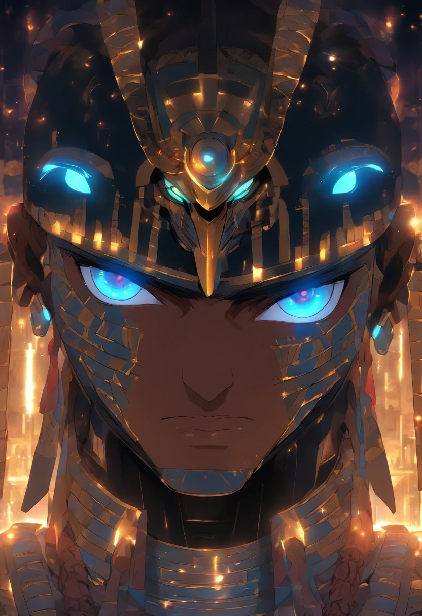 Egyptian pharaoh，The body of the robot and the face of the person., glowing light eyes, Biomechanical，Combination of meat and machinery，The parts are strange, Creepy, nightmarish, Very bright colors, Light particles, with light glowing, Mshiv, wallpaper art, UHD wallpaper